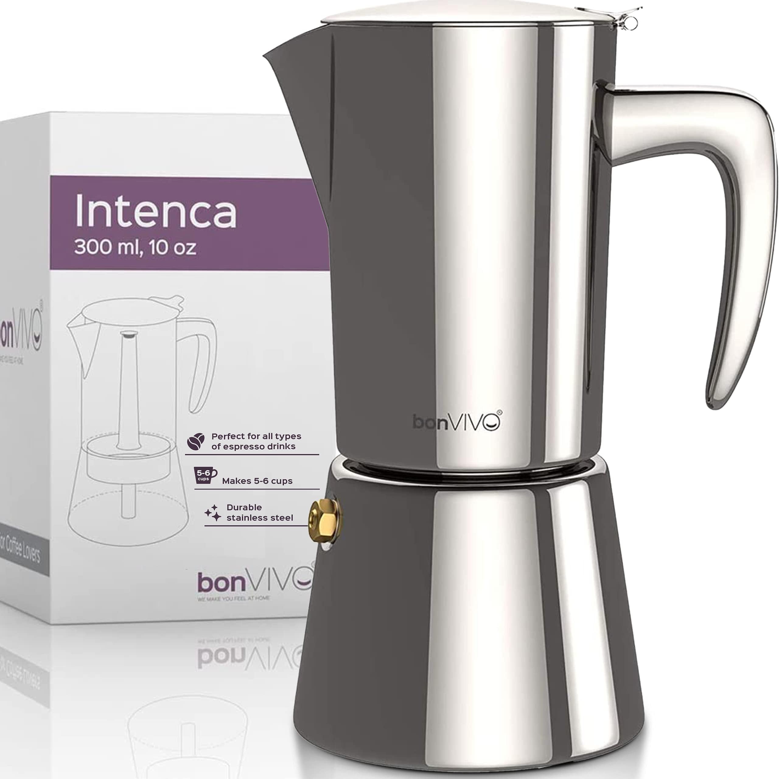 bonVIVO Intenca Stovetop Espresso Maker - Luxurious, Stainless Steel Italian Coffee Maker for Camping or Home Use - Makes 6 Cups of Full-Bodied Coffee - Chrome, 10oz
