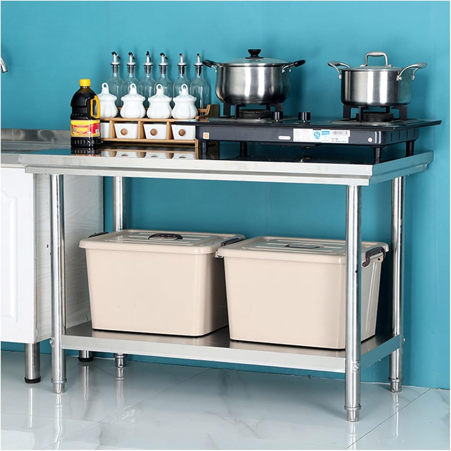 Double Stainless Steel Workbench Stainless Steel Prep Table Adjustable Lower Shelf Stainless Steel Work Table Easy to Clean Suitable for Commercial Kitchens Outdoor Restaurants Hotels and Garages(80x5