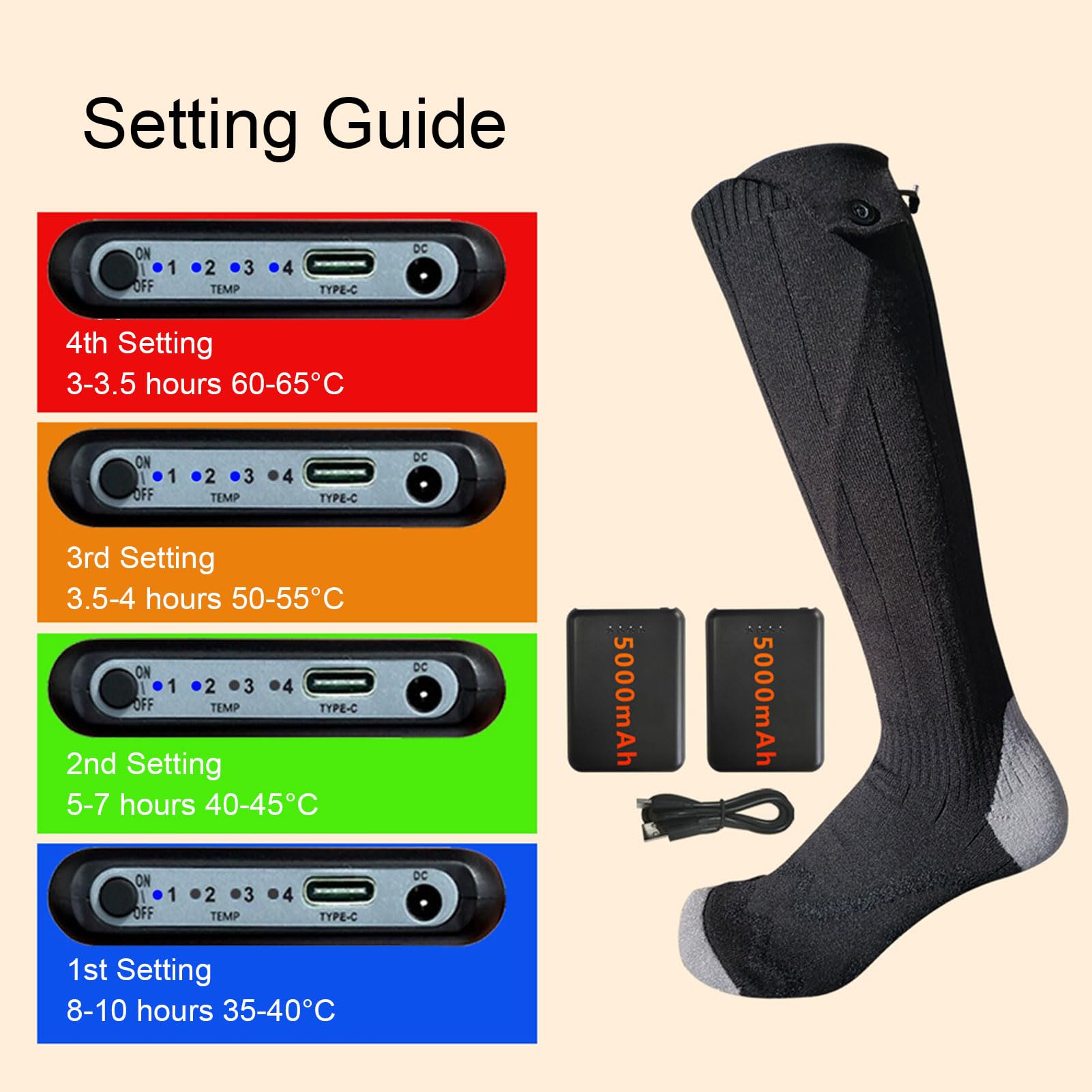 Tosuny Calcetines Negros Calentados, Lavables, con Pilas Recargables, con Ajustes de Temperatura Ajustables para Esquiar Al Aire Libre