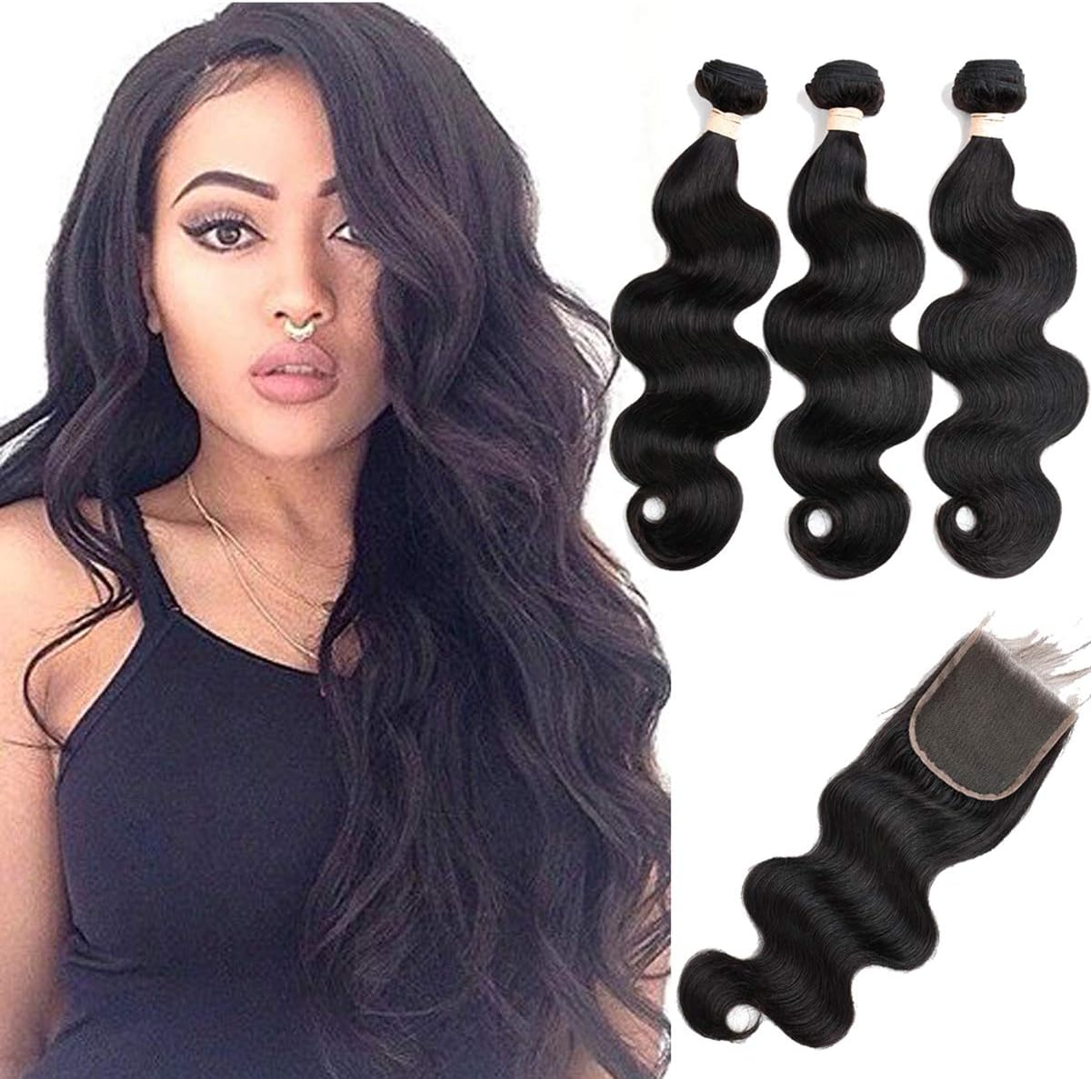 Body Wave 3 Bundles with Closure (20 22 24 with 18 Free Part Closure) Brazilian Virgin Hair 100% Unprocessed Human Hair Bundles with Lace Closure Brazilian Body Wave Natural Black Hair