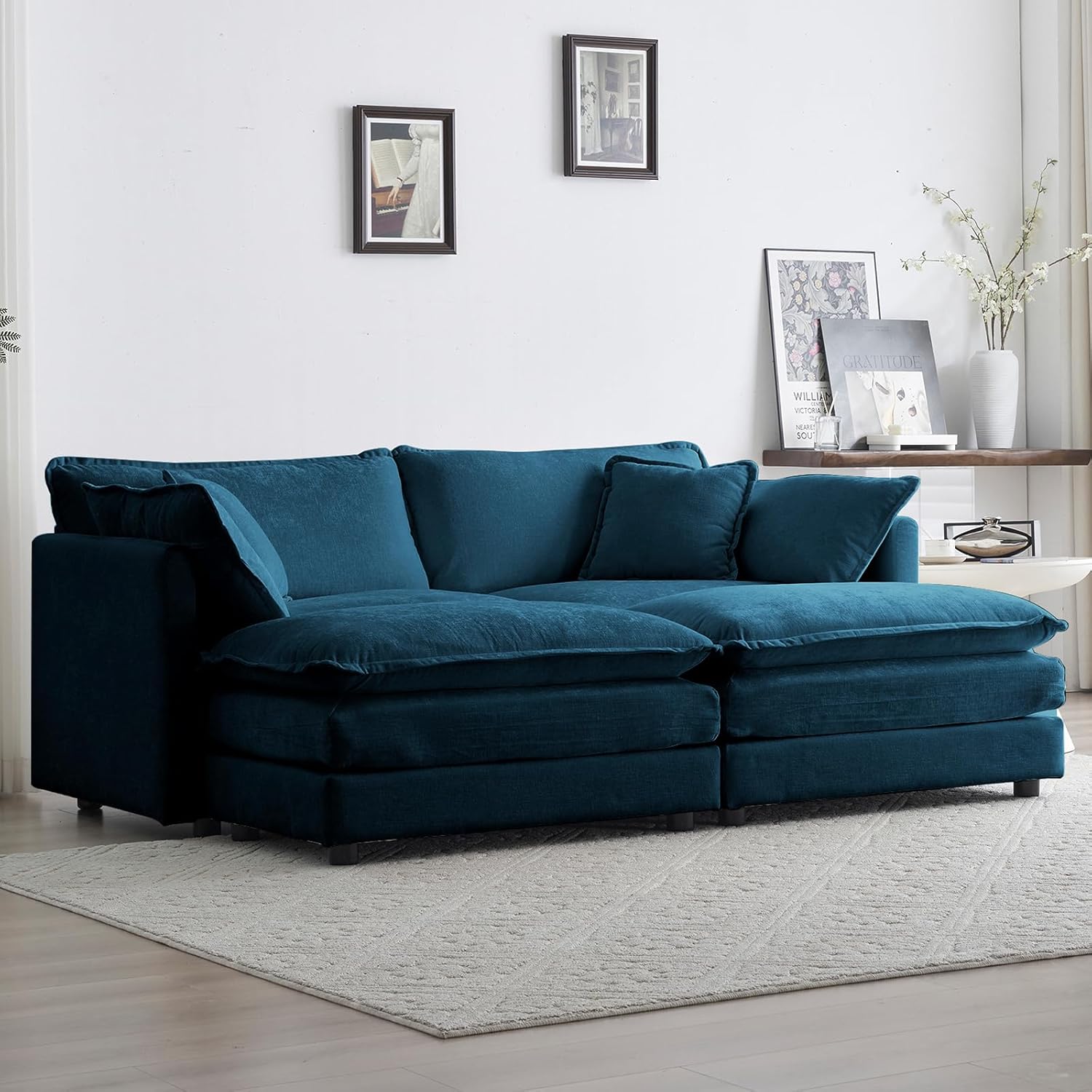 76.7" Modern Deep Seat Loveseat, 2-Seater Cloud Couch with 2 Ottomans & Soft Pillows, Chenille Modular Sectional Sofa for Living Room Apartment Office Bedroom Small Space, Navy