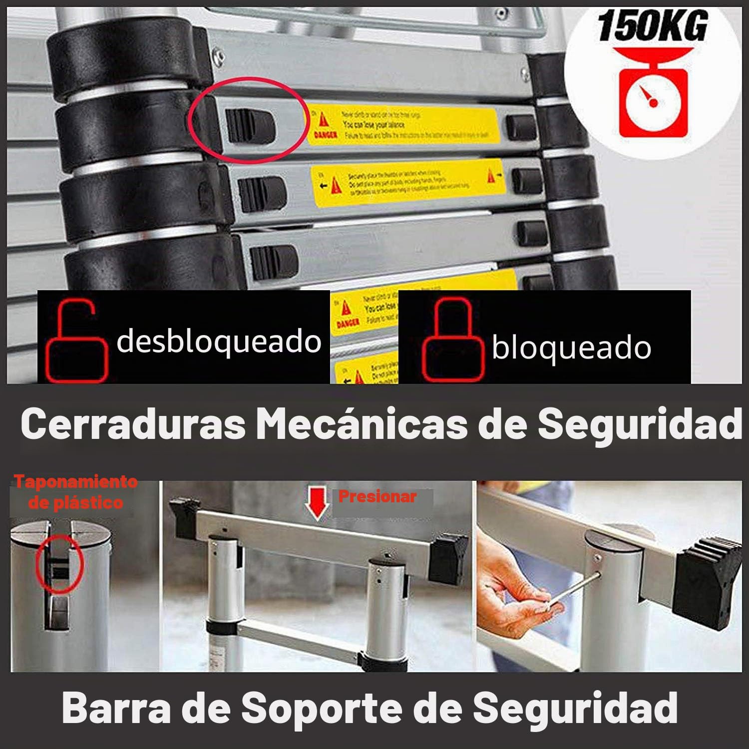 COOCHEER Escalera telescópica Plegable 5M, 2 en 1, Escalera Plegable de Aluminio con 16 peldaños, Carga máxima 150 kg, Plata Pura