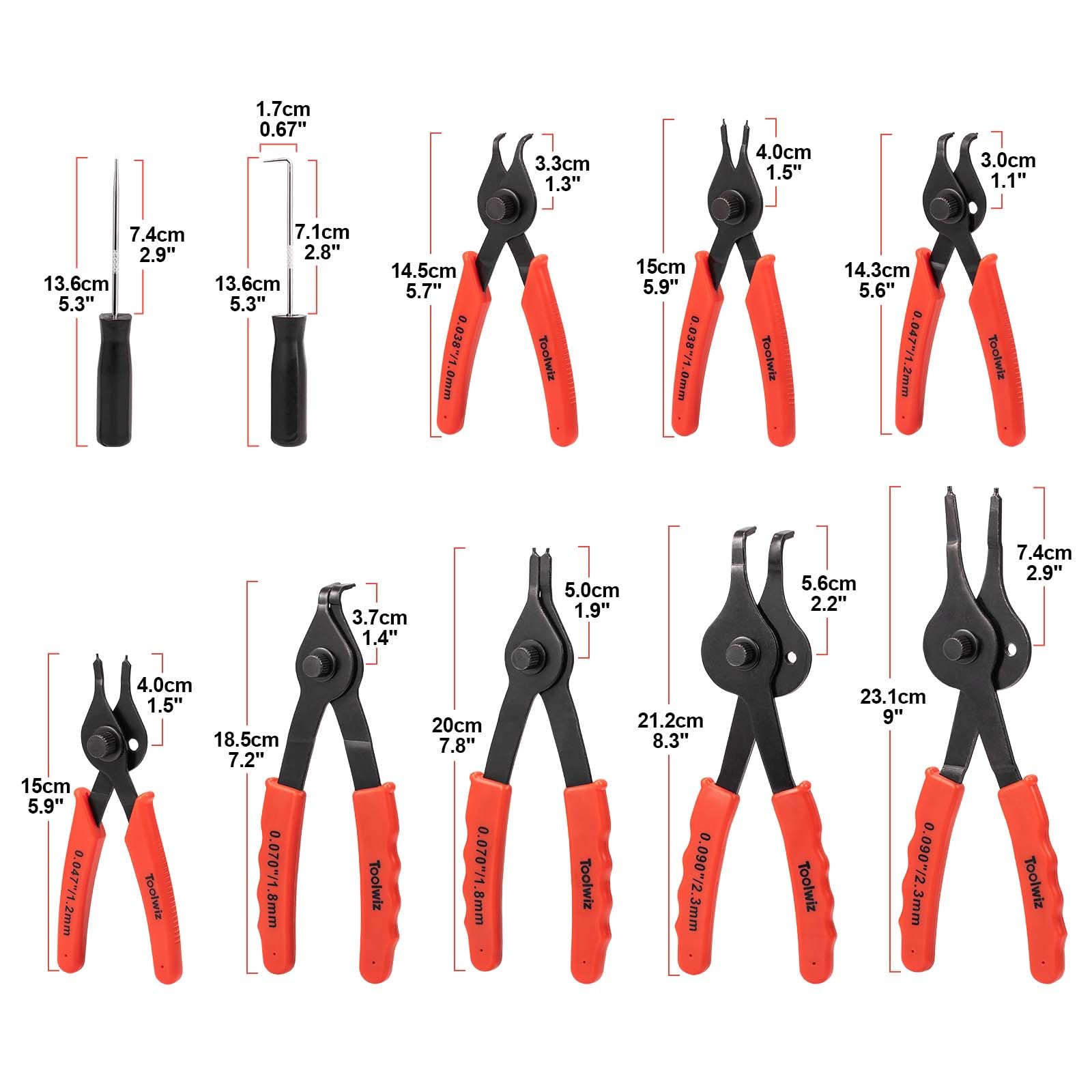 Toolwiz Lot de 10 pinces à circlips internes et externes pour anneau de retenue en C, outils automobiles droits courbés et robustes, avec crochet, médiator et étui de rangement