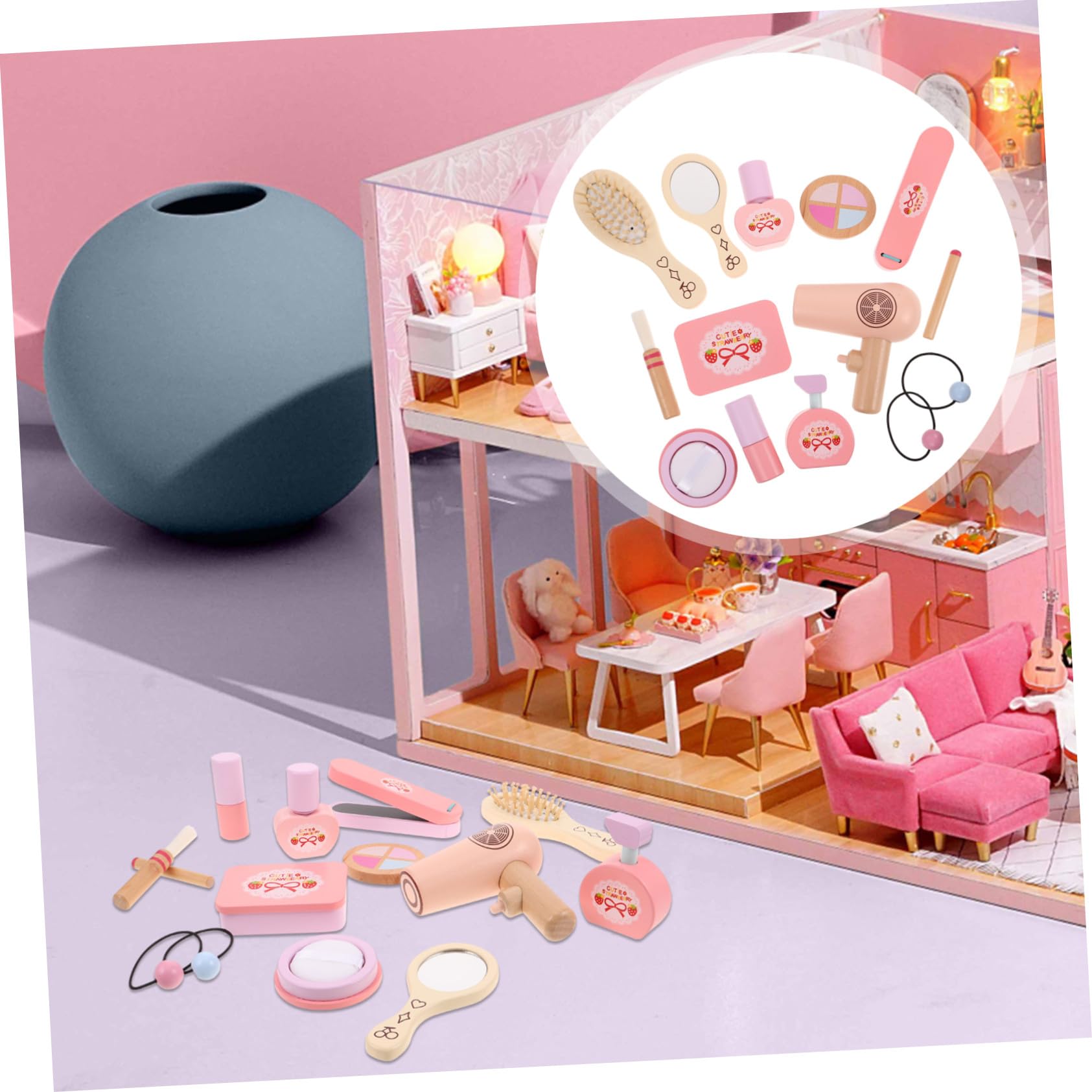 Vaguelly Set di Trucchi in Legno per Ragazzo Ragazza Design Principessa Rosa, Gioco Creativo per Trucco del Rapporto Genitore-figlio, per Gioco di Finzione