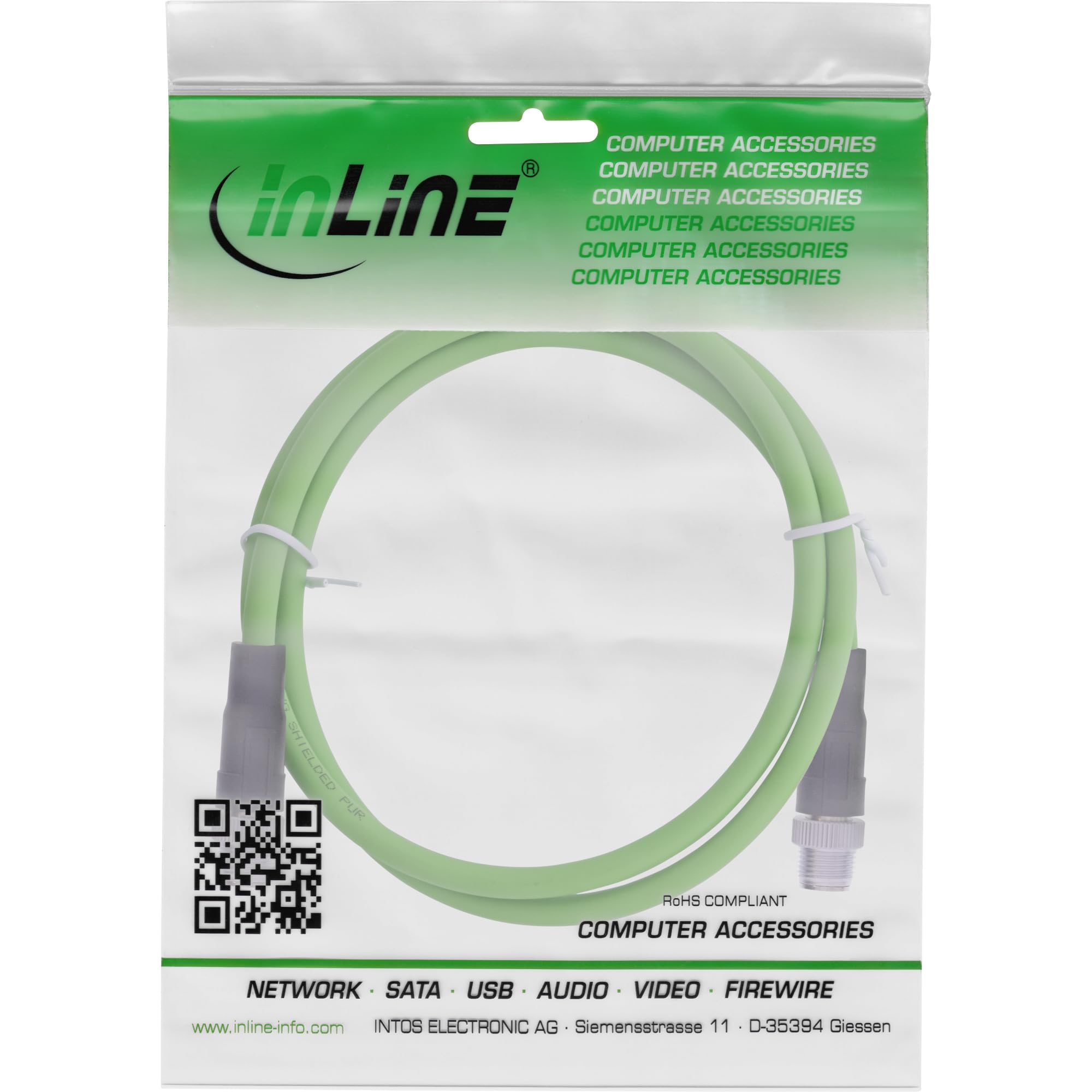 InLine Câble réseau industriel M12 8 broches X-codé mâle/mâle Cat.6A PUR, Ethernet M12, 8 broches, 5 m, 40505