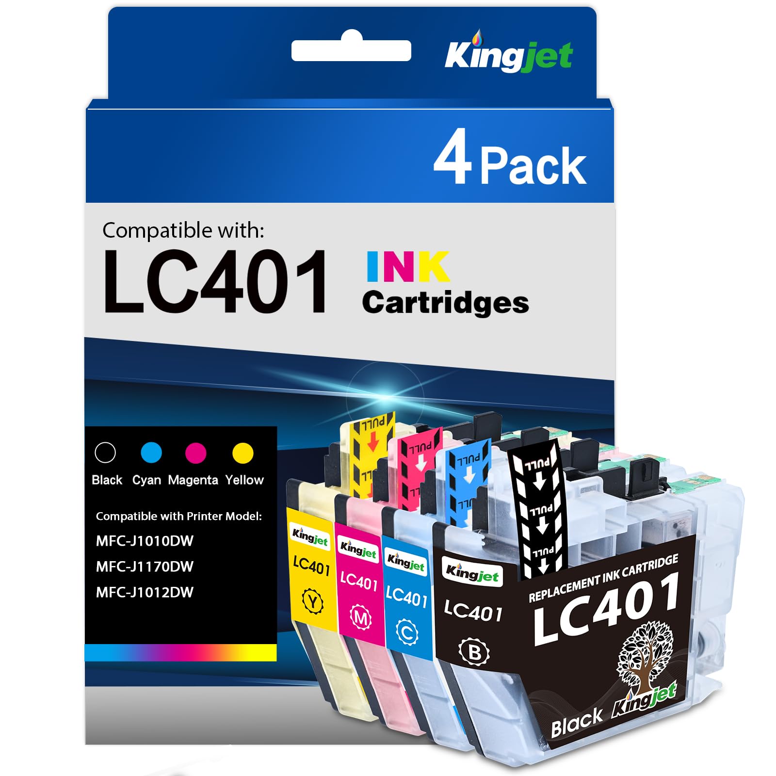 Photo 1 of Kingjet LC401 Ink Cartridges Replacement for Brother LC401 Ink Cartridges Compatible with MFC-J1010DW MFC-J1170DW MFC-J1012DW, 4PK (Black/Cyan/Magenta/Yellow)