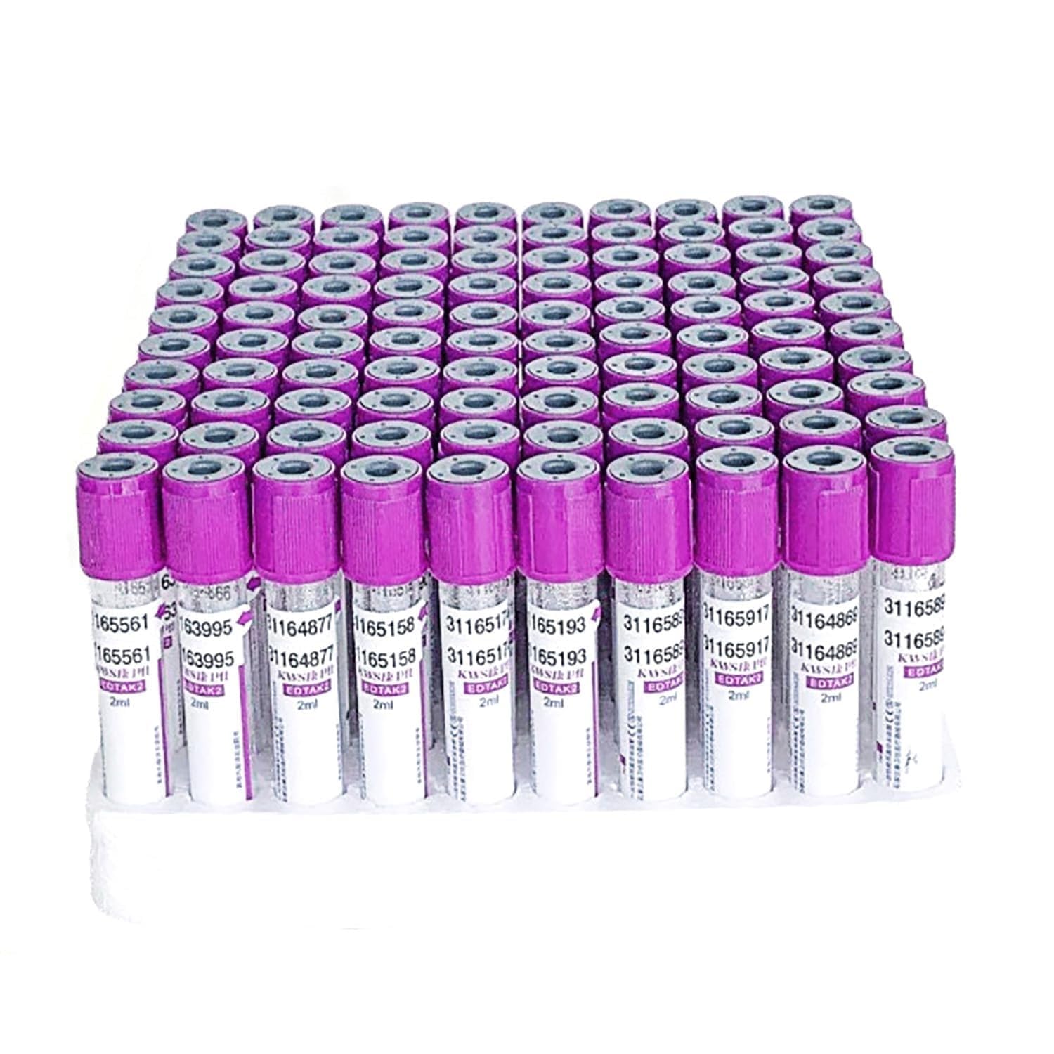 Vacutainer probówki do pobierania krwi, szkło EDTA K2, 2 ml/3 ml/5 ml/10 ml, fioletowe zakrętki z etykietami, idealne do separacji serum laboratoryjnego, opakowanie 100 sztuk