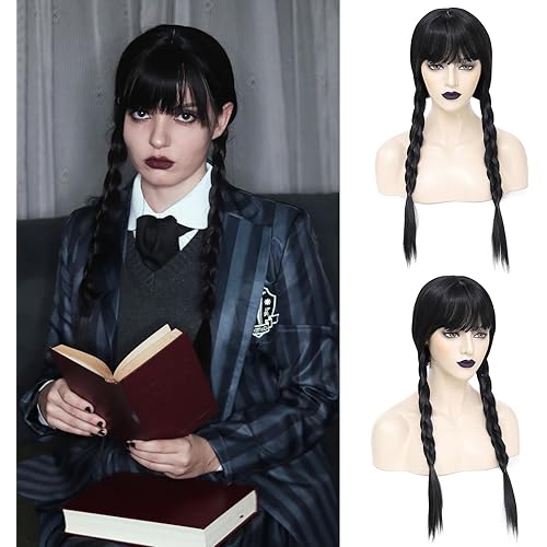 Black Wig with Bangs Black Braided Wig for Women 22 inch Straight Synthetic Wig Heat Resistant Fiber Wigs for Cosplay Halloween Party Daily Use
