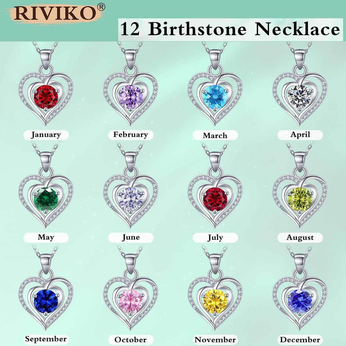 RIVIKO Heart Birthstone Pendant Necklace for Women 925 Sterling Silver Zirconia Necklaces Valentine's Day Anniversary Birthday Mothers Day Jewelry Gifts For Her Mother Wife - Image 6