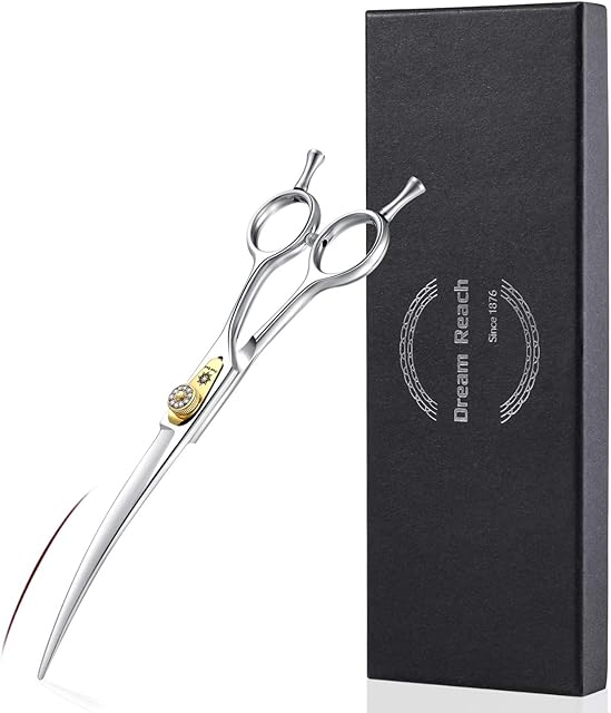 Dream Reach Professional 7" Dog Grooming Scissors Curved, Thinning/Blending/Chunking, Straight Scissors Kit, JP-440C Stainless Steel Pet Cat Hair Cutting/Trimming Shears (7 Inch-Curved Scissors)