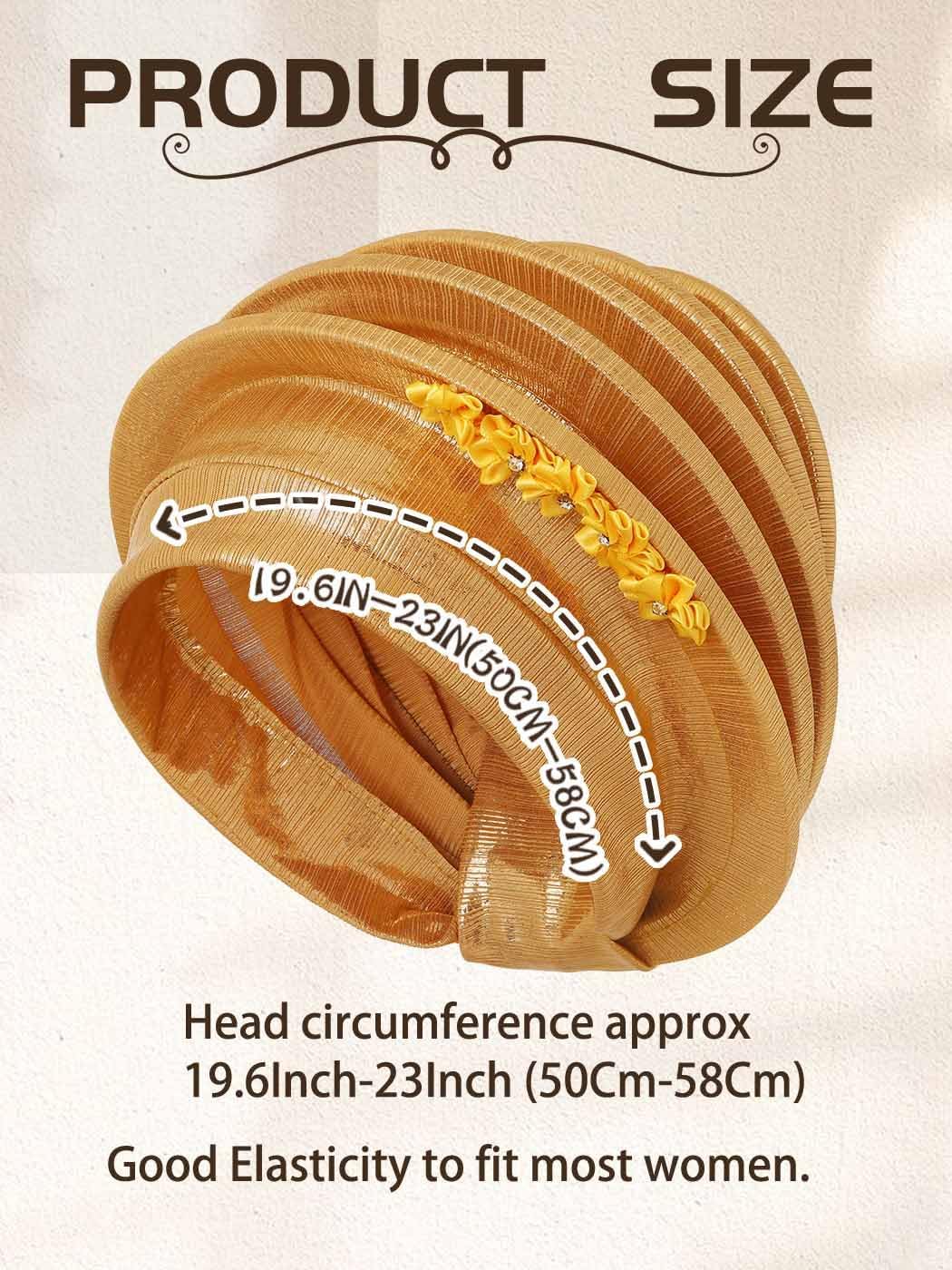 Woeoe Women Auto Gele Headwraps Gold Flower African Turban Pre Tied Beanie Caps Headwear - Image 6