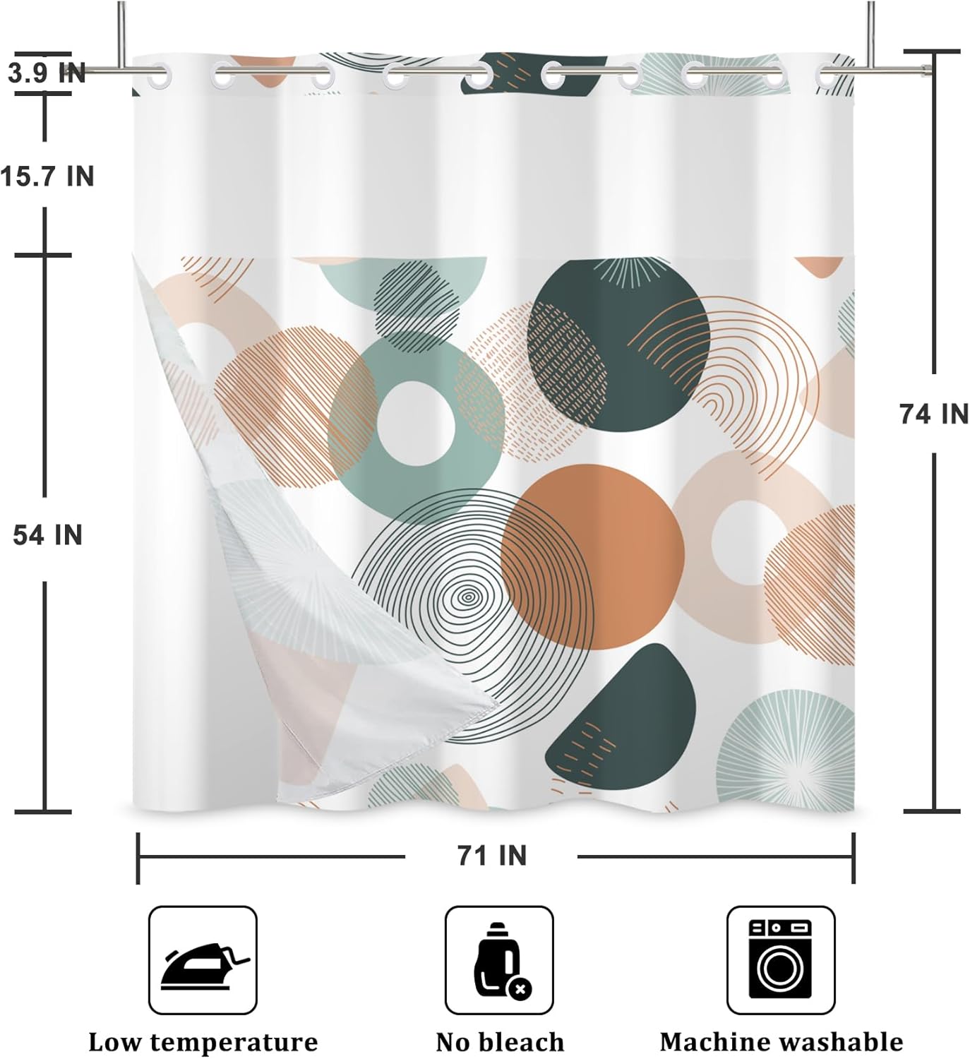 Baocicco No Hook Abstract Circle Shower Curtain with Snap in Fabric Liner Set Green Blue Geometric Striped Hotel Shower Curtain and Liner Set Double Layers & Machine Washable for Easy Clean 71x74 Inch