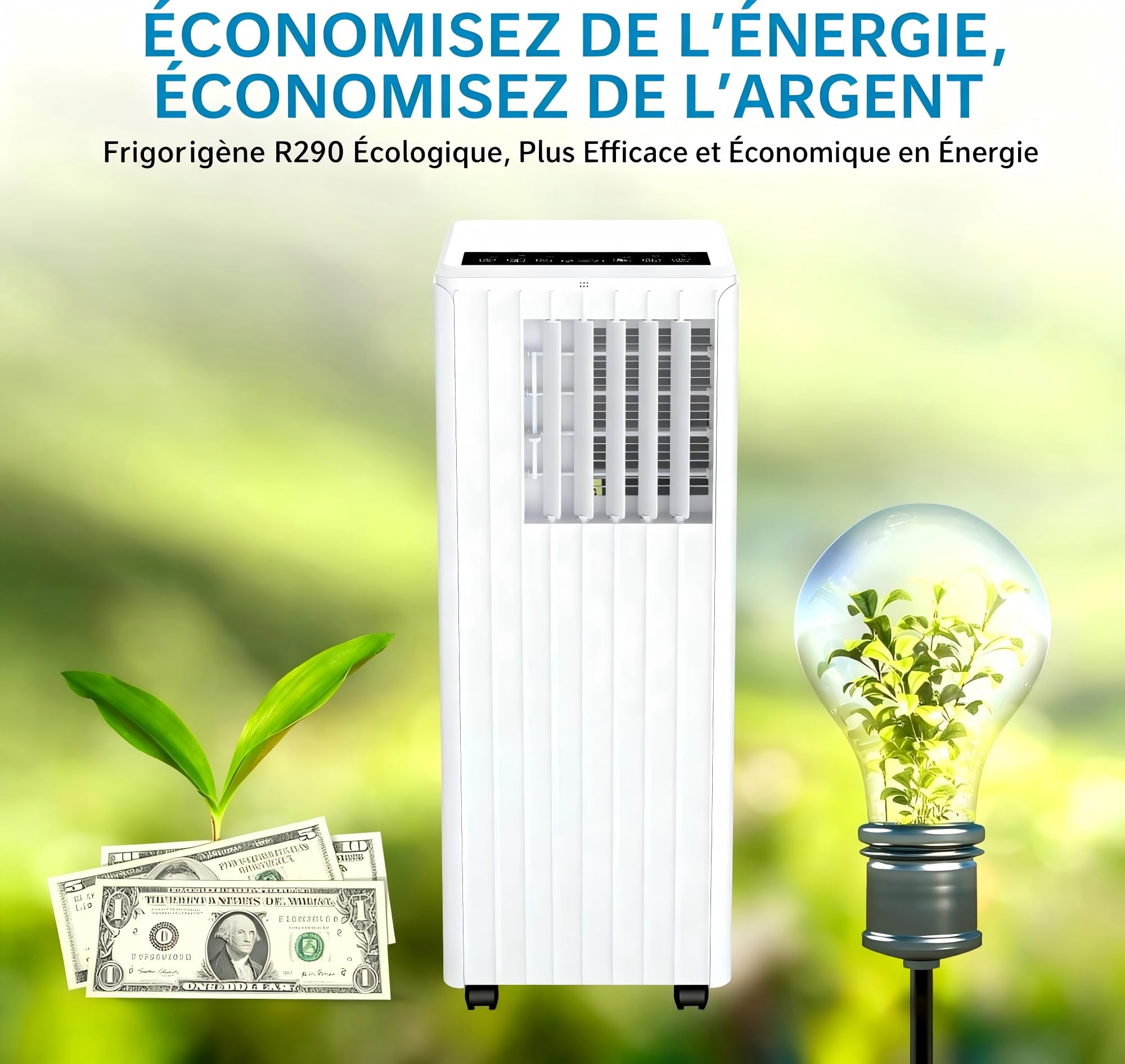 Garvee Climatiseur Portable 9000 BTU pour Pièces jusqu’à 26 m², 3 en 1 Refroidissement Déshumidification Ventilation, Double Tube, Silencieux ≤52 dB, Minuterie 24h, Télécommande Incluse