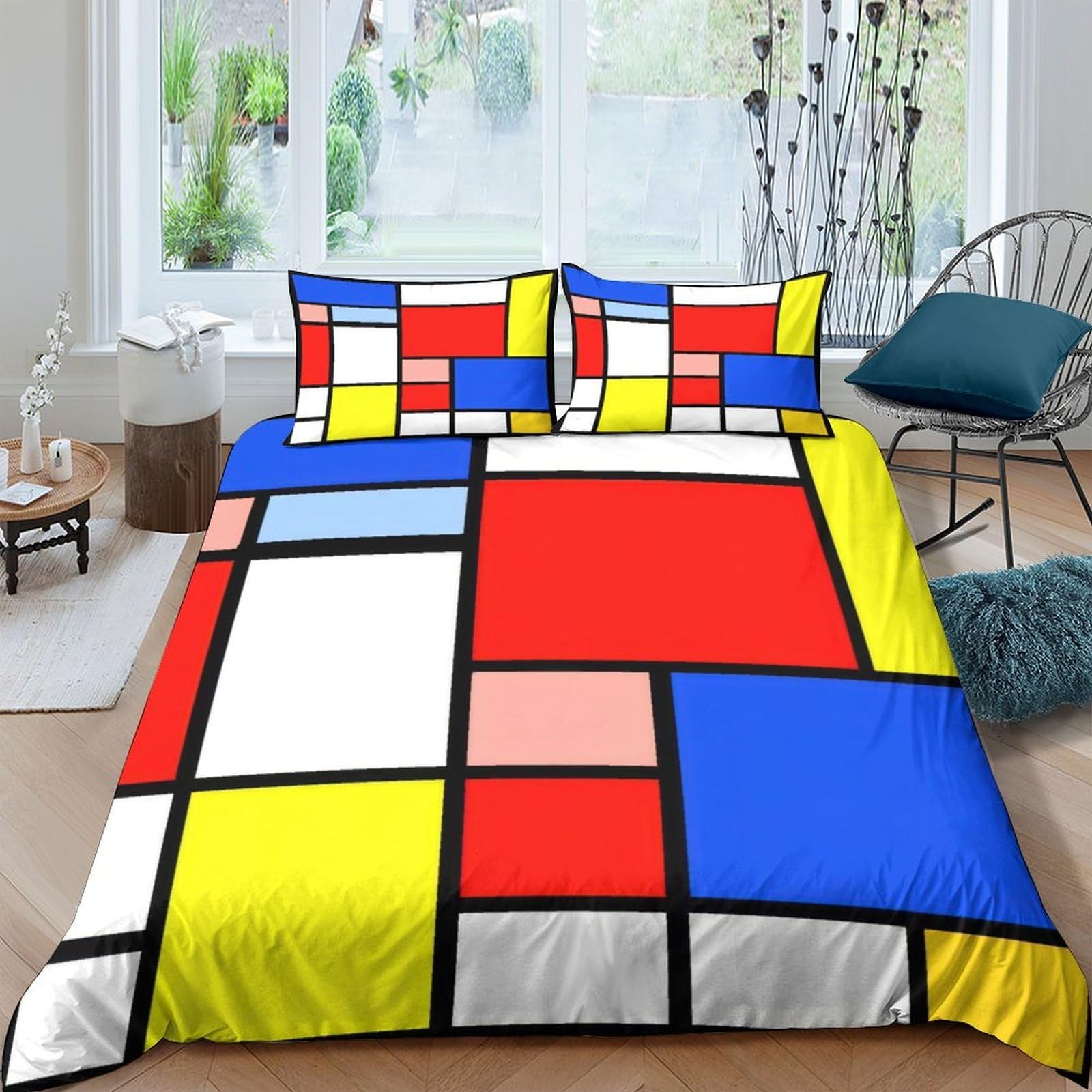 Ctjqhvkz Style-2 3D Printed Mondrian Style Fitted Sheet Microfiber Color Block Bed Cover For Bedroom Dorm Easy Care Decoration Single（135X200cm）