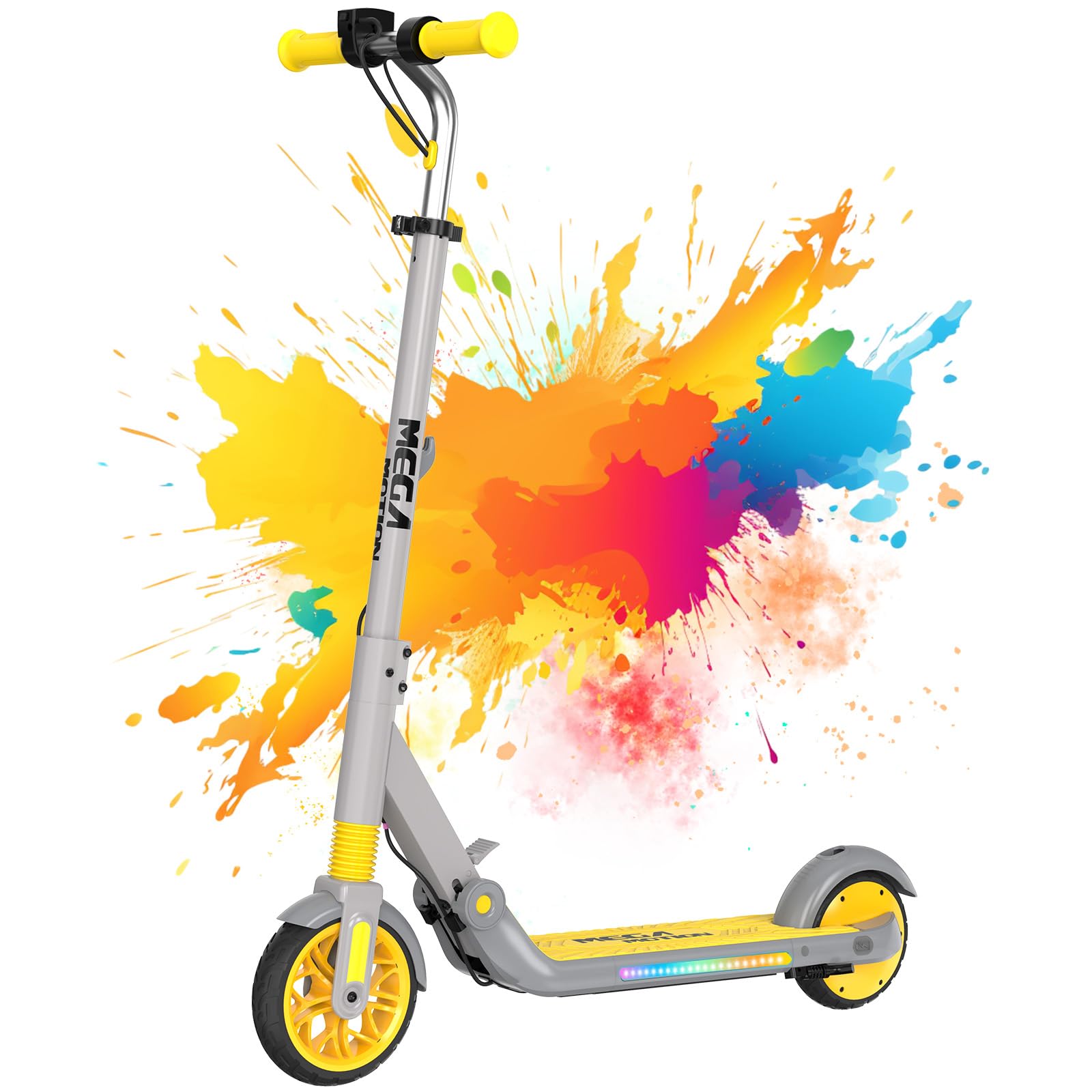 MEGA MOTION Patinete eléctrico para niños, 3 Modos de Velocidad, Motor de 150 W, Velocidad máxima de 16 km/h, Plegable, Manillar Ajustable, Ruedas de 15 cm y luz Lateral LED