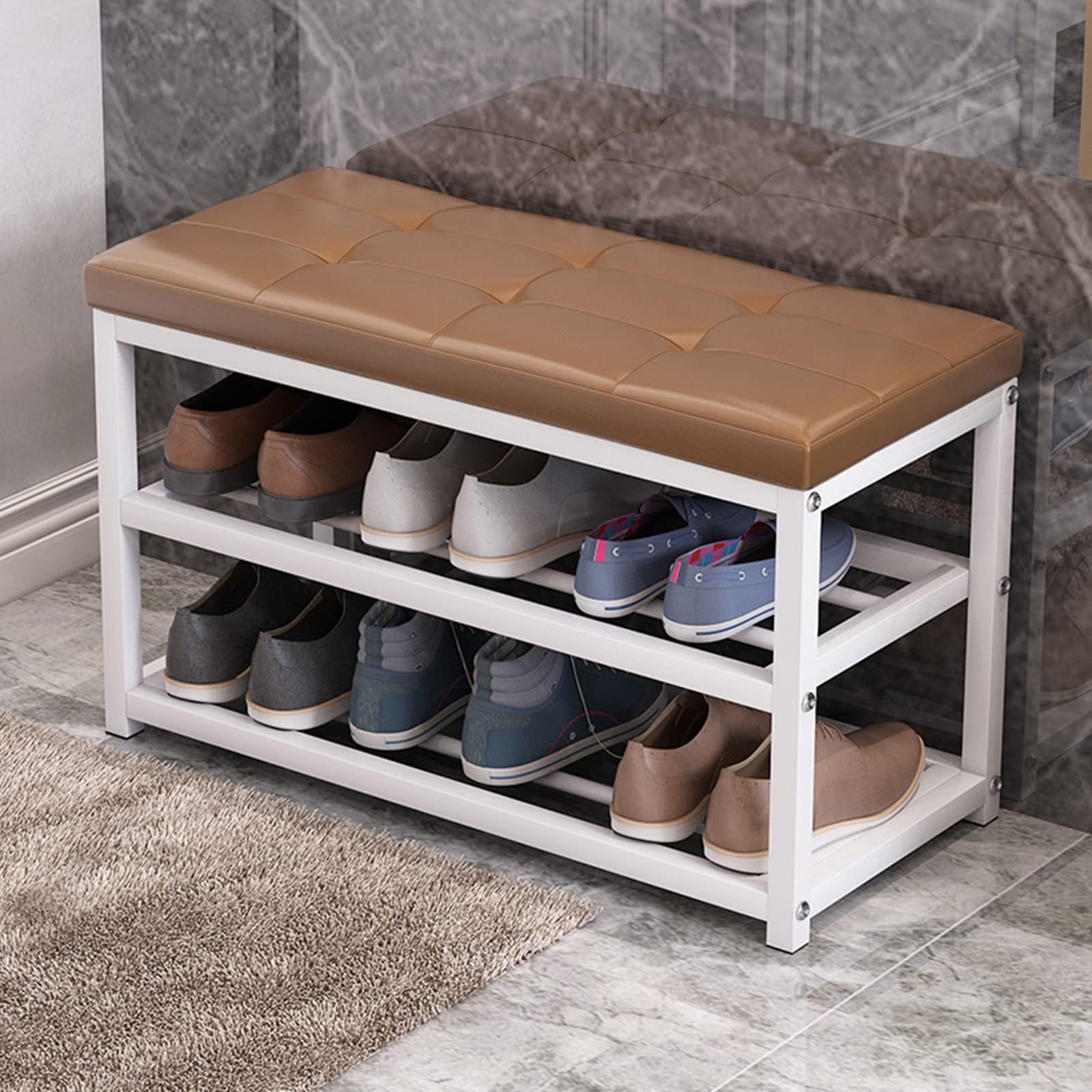 Meuble chaussures gain de temps avec siège en cuir pour couloir ordonné