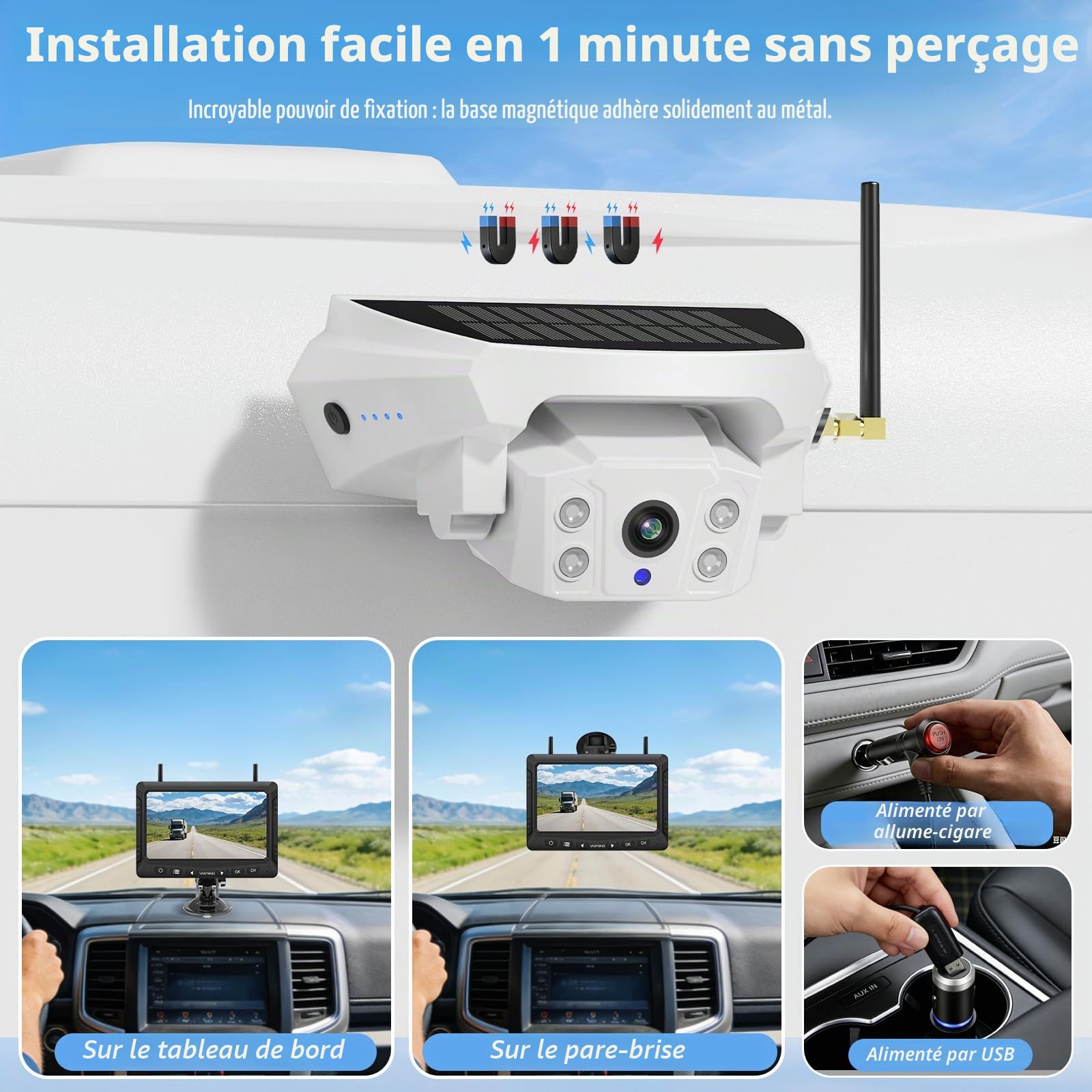 Caméra de Recul sans Fil Solaire avec Écran 7", Système de Recul Numérique HD 1080P, Batterie 10000mAh & Support Magnétique, Étanche IP69K pour Camping-Car, Camion, Remorque(VS-7F)