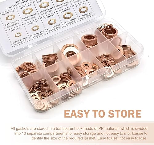 Miniatura 3 de Dogary Juego de 200 piezas de arandela de cobre triturada, tapón de drenaje de aceite de anillo plano, kit surtido de juntas de arandela de