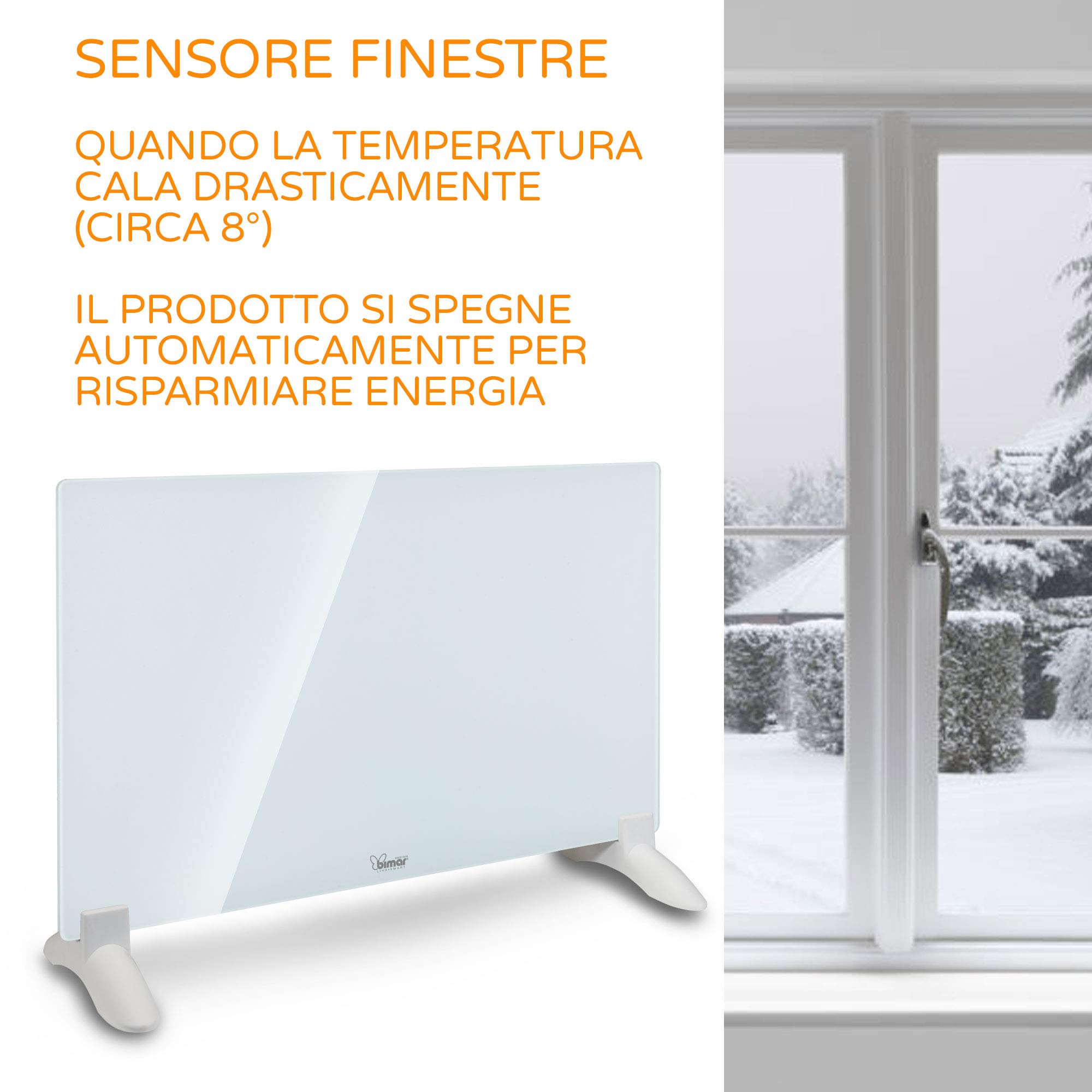 Bimar HC508 Termoconvettore a Muro o Pavimento, Riscaldatore Convezione Naturale, Corpo Metallo e Pannello Frontale in Vetro, Stufa Elettrica da Parete, Protezione IP24 (Spruzzi Acqua)