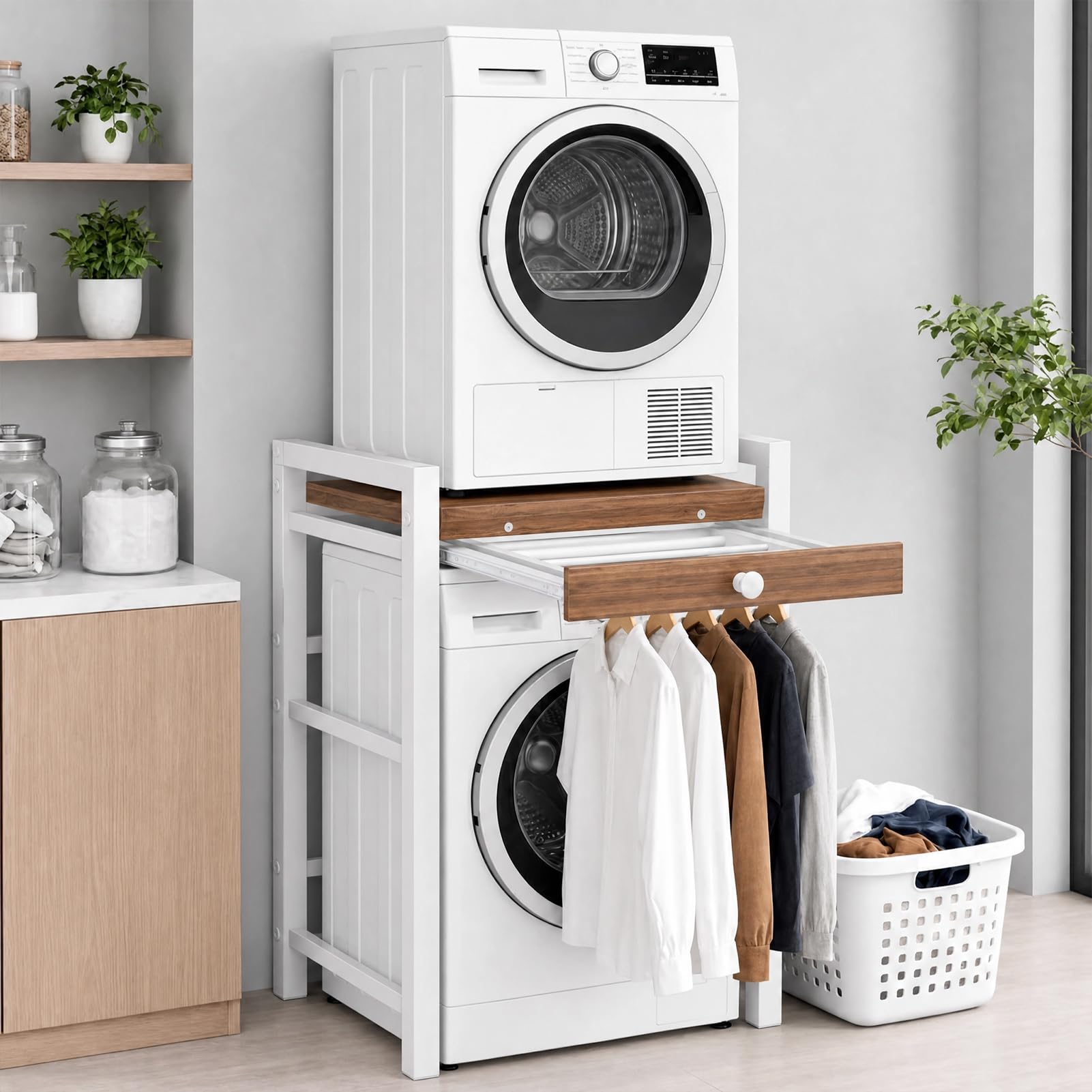 Meuble Machine à Laver, Meuble Lave Linge Seche Linge Superposé, Etagere Machine a Laver, Sans perçage, réglable en Hauteur, Armoire en Bois et MéTal, Capacité de Charge de 350 Kg (Blanc-Étagère)