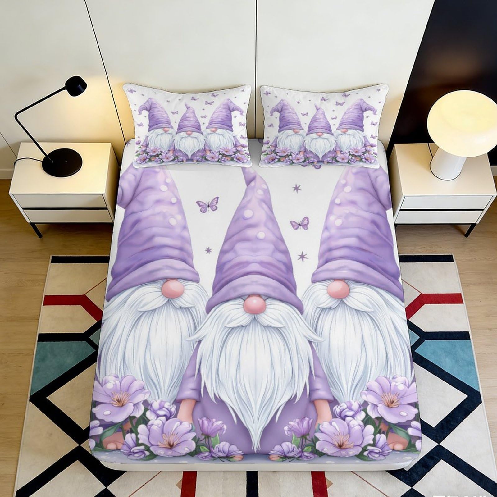 Pnayamiorkfel Style-10 3D Printed Purple Gnome Fitted Sheet Microfiber Soft Floral Butterfly Mattress Cover For Bedroom Guest Room Decor 90X200x25cm