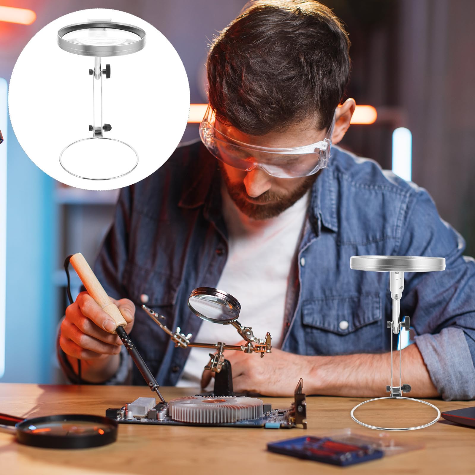 Cabilock Lupa de Escritorio Plegable Soporte Ajustable y Luz LED para Lectura, Trabajos Manuales y Reparaciones, Lente Acrílica, Diseño Compacto, Adecuado para Bordado y Costura