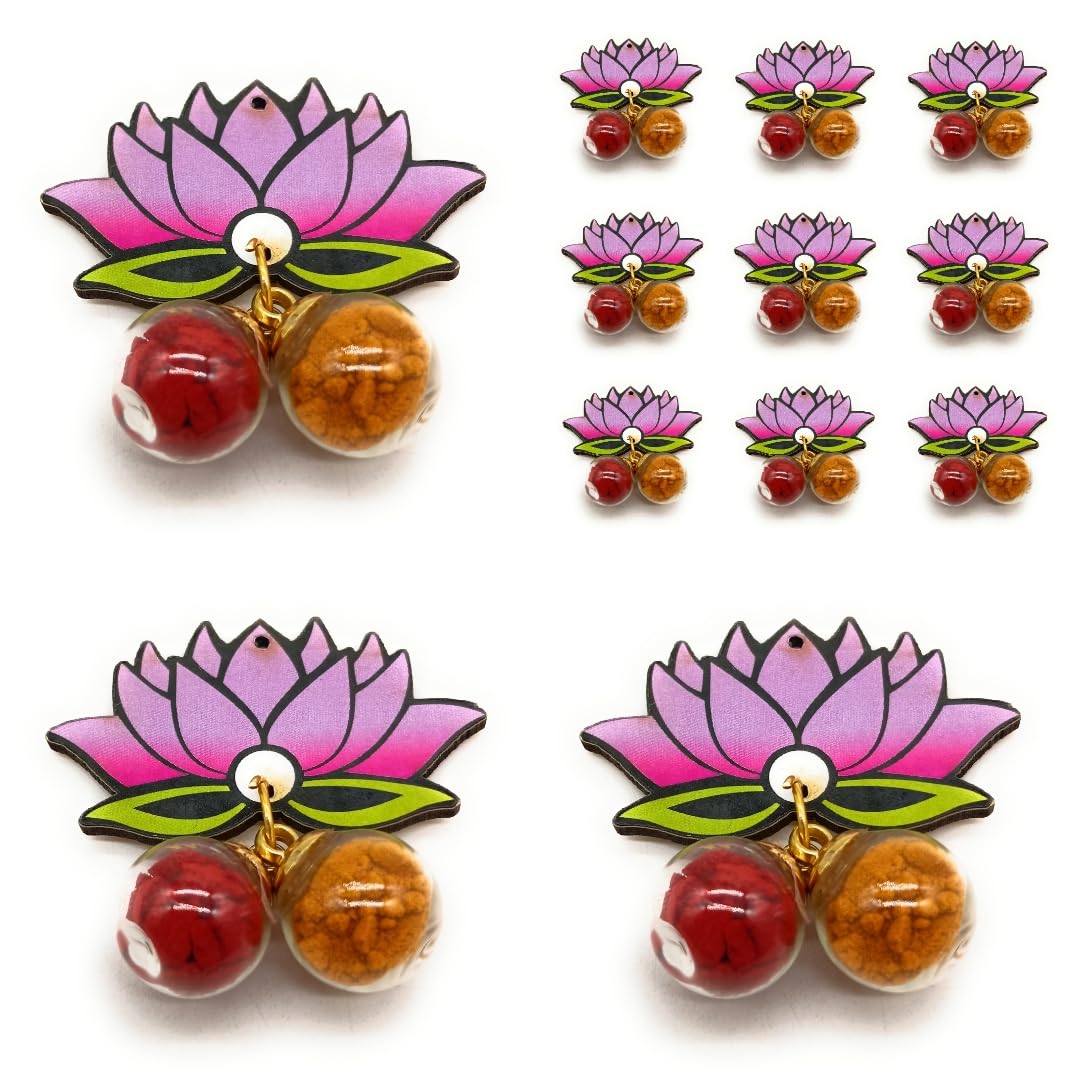 Sau Rang India Roli Haldi Pasupu Kumkum Dome Glass Bottle Gift Set | Thamboolam Return Gifts for Wedding, Pooja, Diwali, Rakhi, Navratri (Lotus Design Dome Round, 10 pcs)
