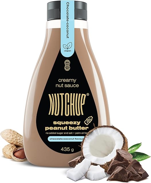 NUTCHUP | Pierwsze wyciskane masło orzechowe nabite w butelkę | Kremowa polewa orzekowa | Butelka 435g (Czekoladowo Kokosowy)