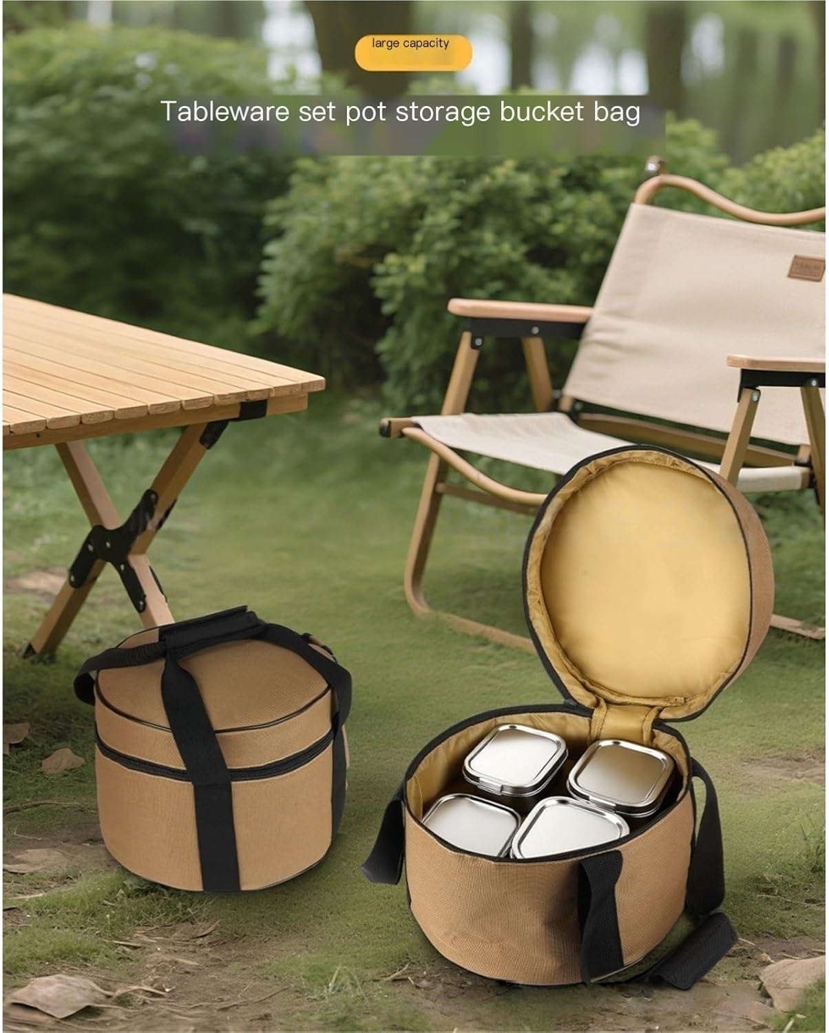 Large capacity waterproof tableware storage bag outdoor camping cookware bag portable round lunch box protective bag(Smoke Grey,Size M)