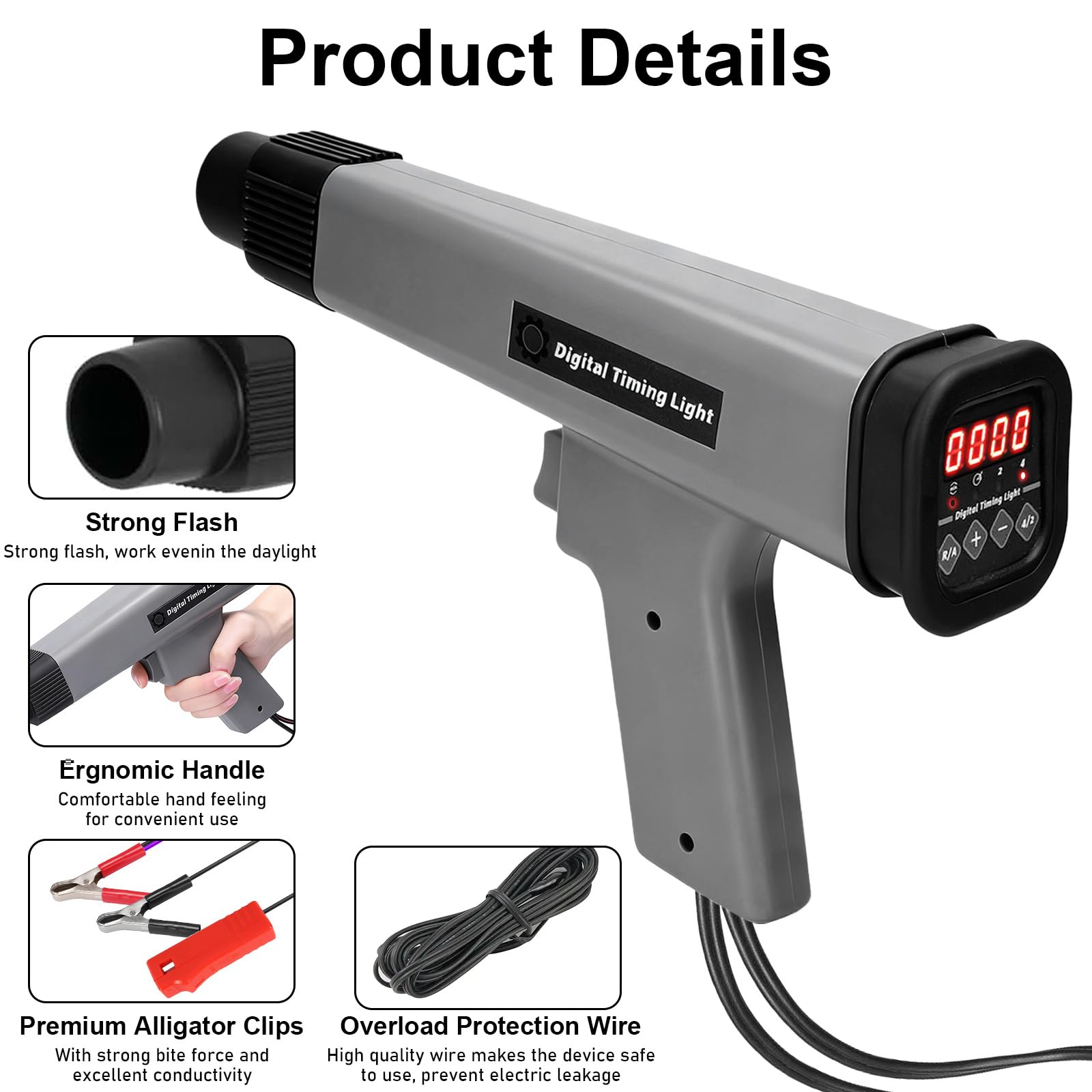 Pistola de luz de encendido con indicador digital LED, lámpara estroboscópica de 9 a 16 V, pistola de tiempo de encendido con pinzas de cocodrilo resistentes para motores de gasolina de 2 y 4 tiempos