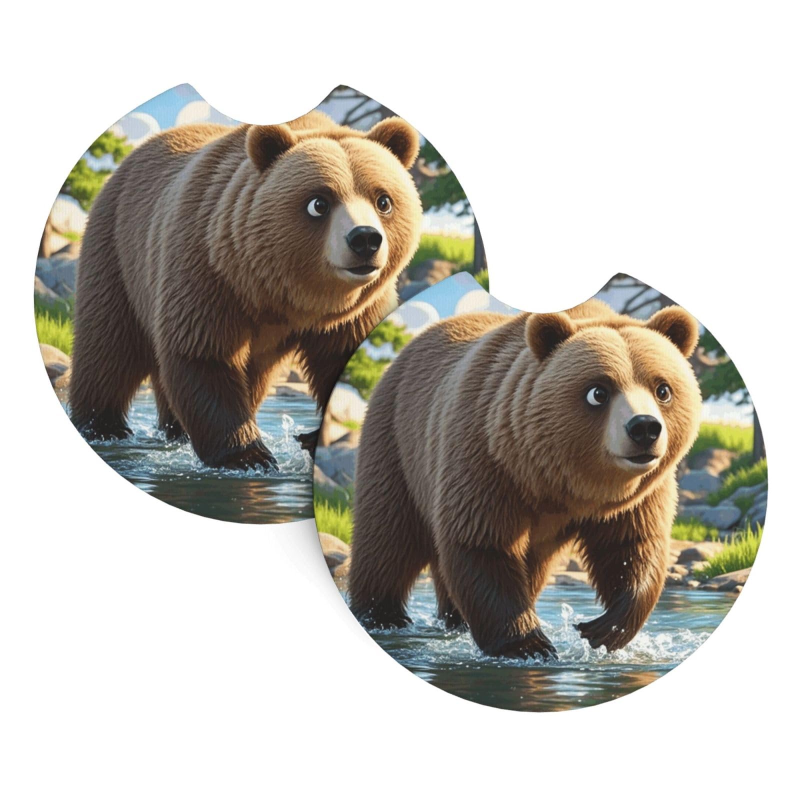 2 Pack Car Coaster for Cup Holders Bear Crossing the River Car Cup Coaster 2.7" Neoprene Non-Slip Automotive Cup Mat Universal Auto Car Interior Accessories for Women Men Cup Pad