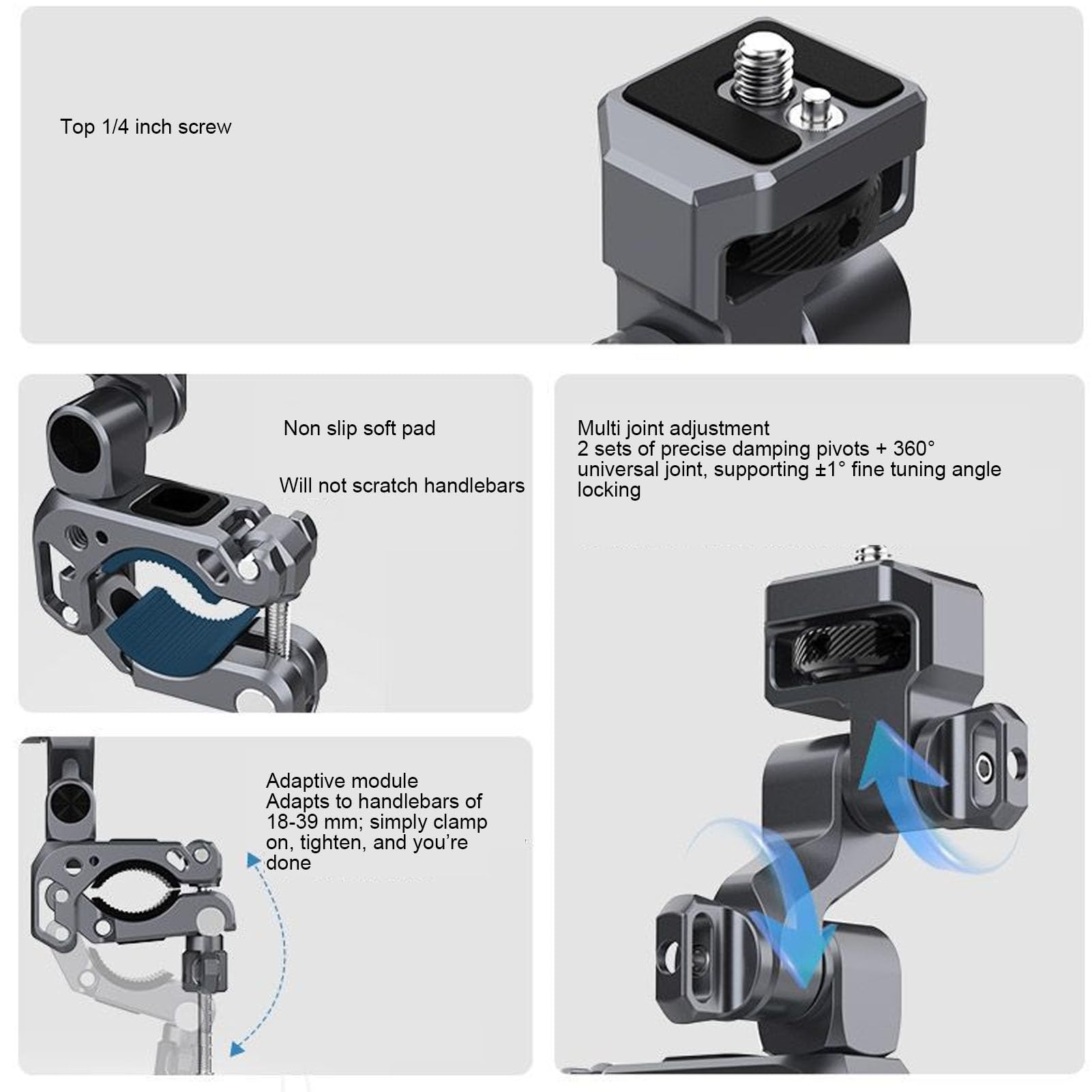 KIMISS Uchwyt do Kamery Rowerowej Zacisk Uchwytu do Kamery Akcji na kierownicę Obrót 360° Zacisk na rurę 18-39mm Aluminium CNC z Interfejsem 1/4 Cala Kierownicy Motocykla/roweru