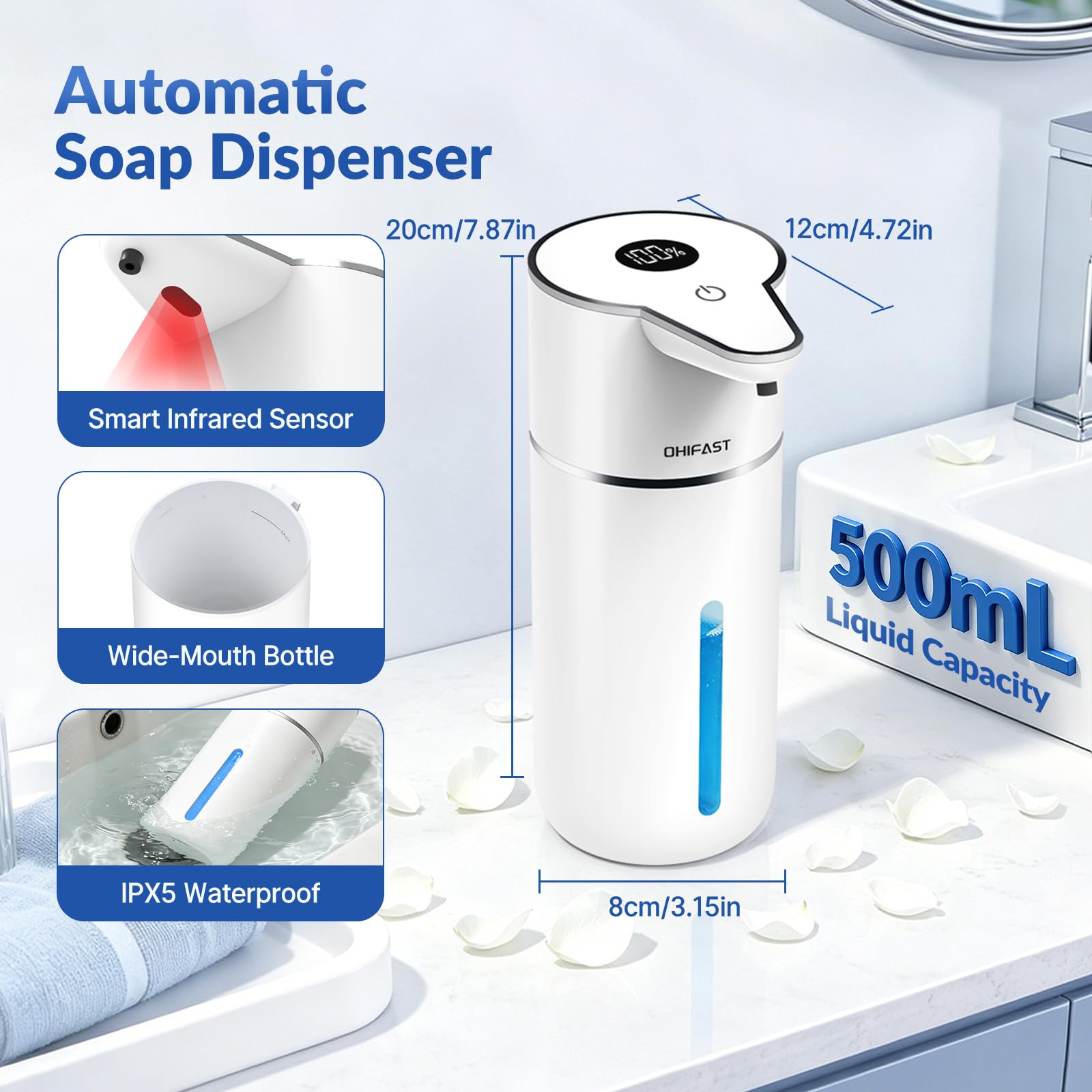 Dispensador automático de jabón sin contacto, manos libres, volumen ajustable múltiple, color blanco