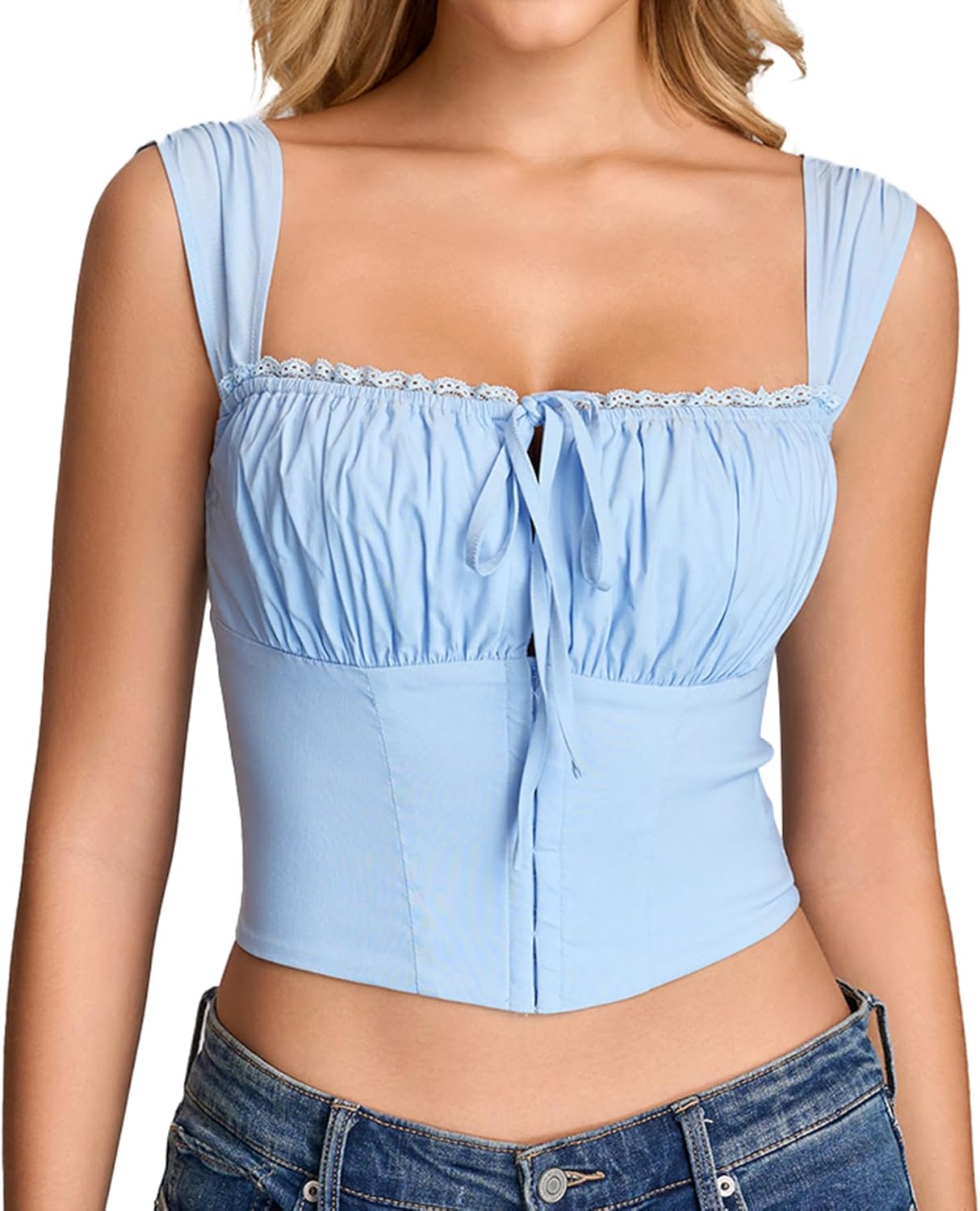 KUTUMAI Lace Corset Top Cute Square Neck Tie Bustier Y2k Going Out Crop Tops for Women Summer