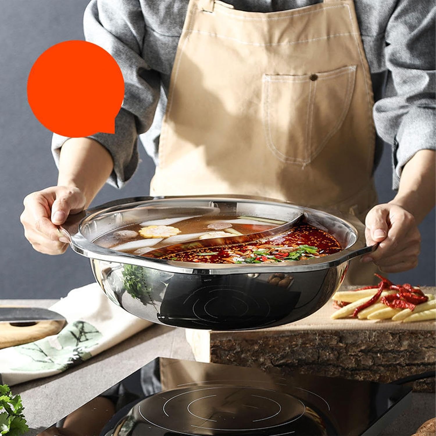 Fenteer Stainless Steel Shabu Shabu Pot Double Favor Versatile Chinese Mandarin Duck Pot Soup Cookware for Kitchen Camping Commercial, L