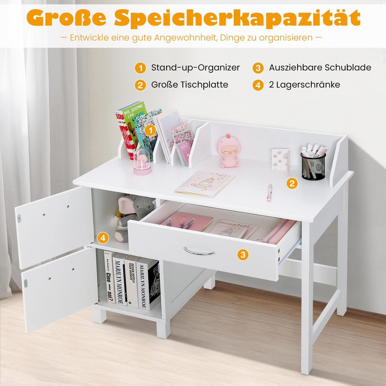 FANTASK Escritorio Infantil de Madera para Estudiantes con Silla, Mesa de Aprendizaje Infantil Multifuncional con Estante, Estante Abierto y Armario de Almacenamiento, Escritorio para niños para