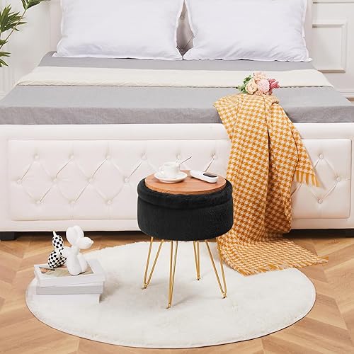 Miniatura 8 de Cplxroc Reposapiés otomano redondo de piel sintética de visón con espacio de almacenamiento silla de tocador suave mesa auxiliar mesa auxiliar