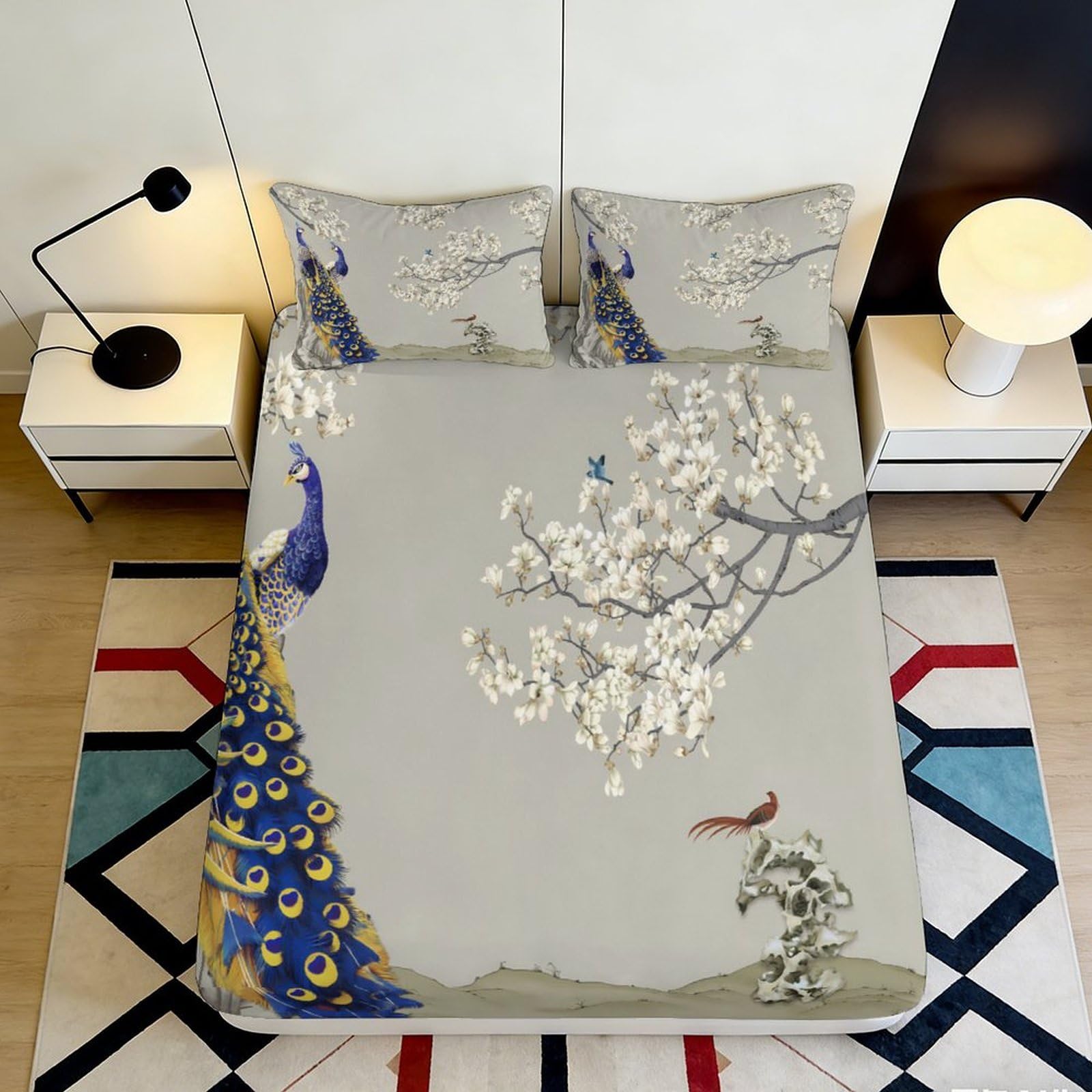3D Printed Peacock Blossom Fitted Sheet Microfiber Soft Elegant Bird Mattress Cover for Bedroom Decor Protection 90x200x25cm