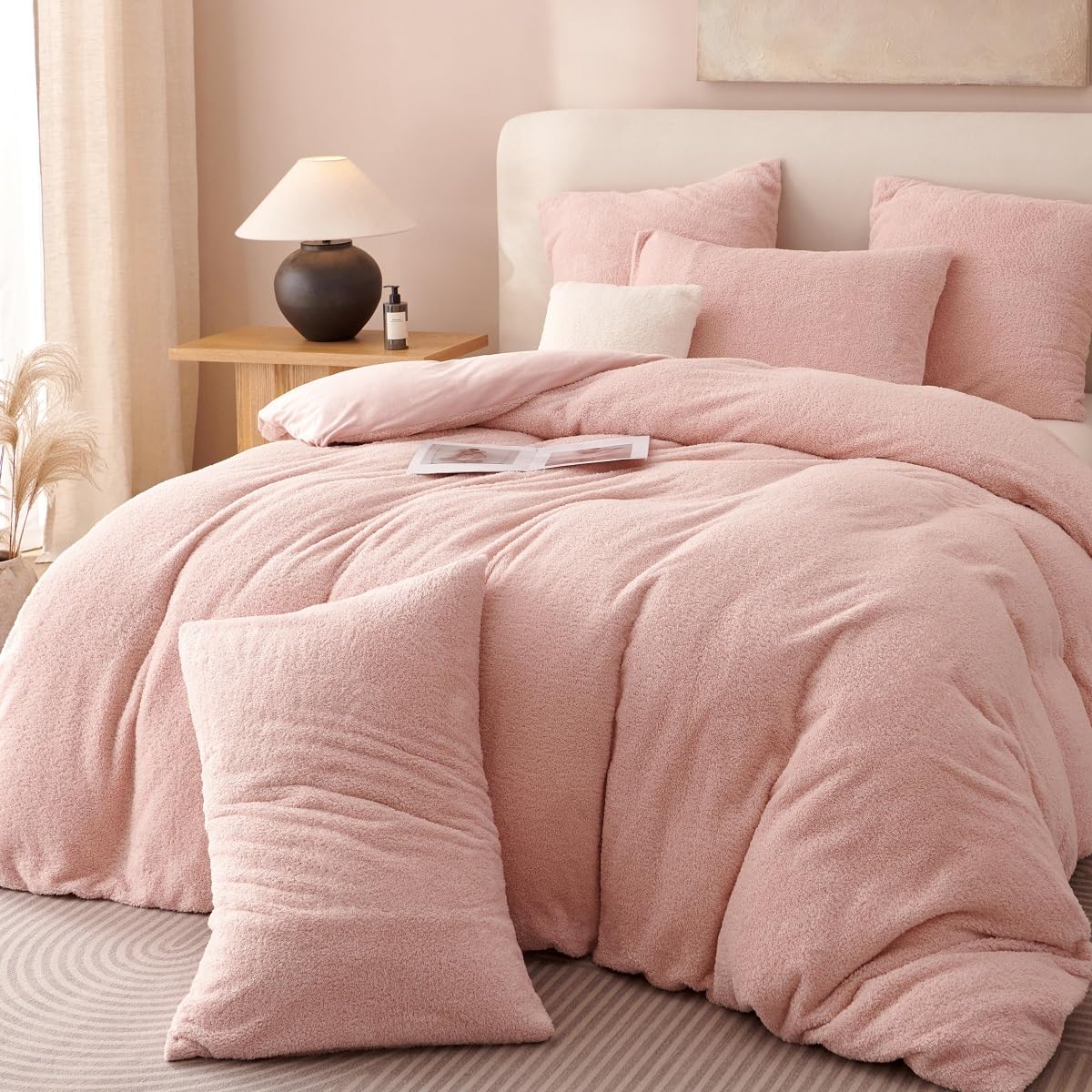 Lanqinglv Juego de ropa de cama de felpa de 220 x 240 cm, forro polar, color rosa, tacto cachemira, ropa de cama de invierno cálida, reversible, funda nórdica y 2 fundas de almohada de 80 x 80 cm con
