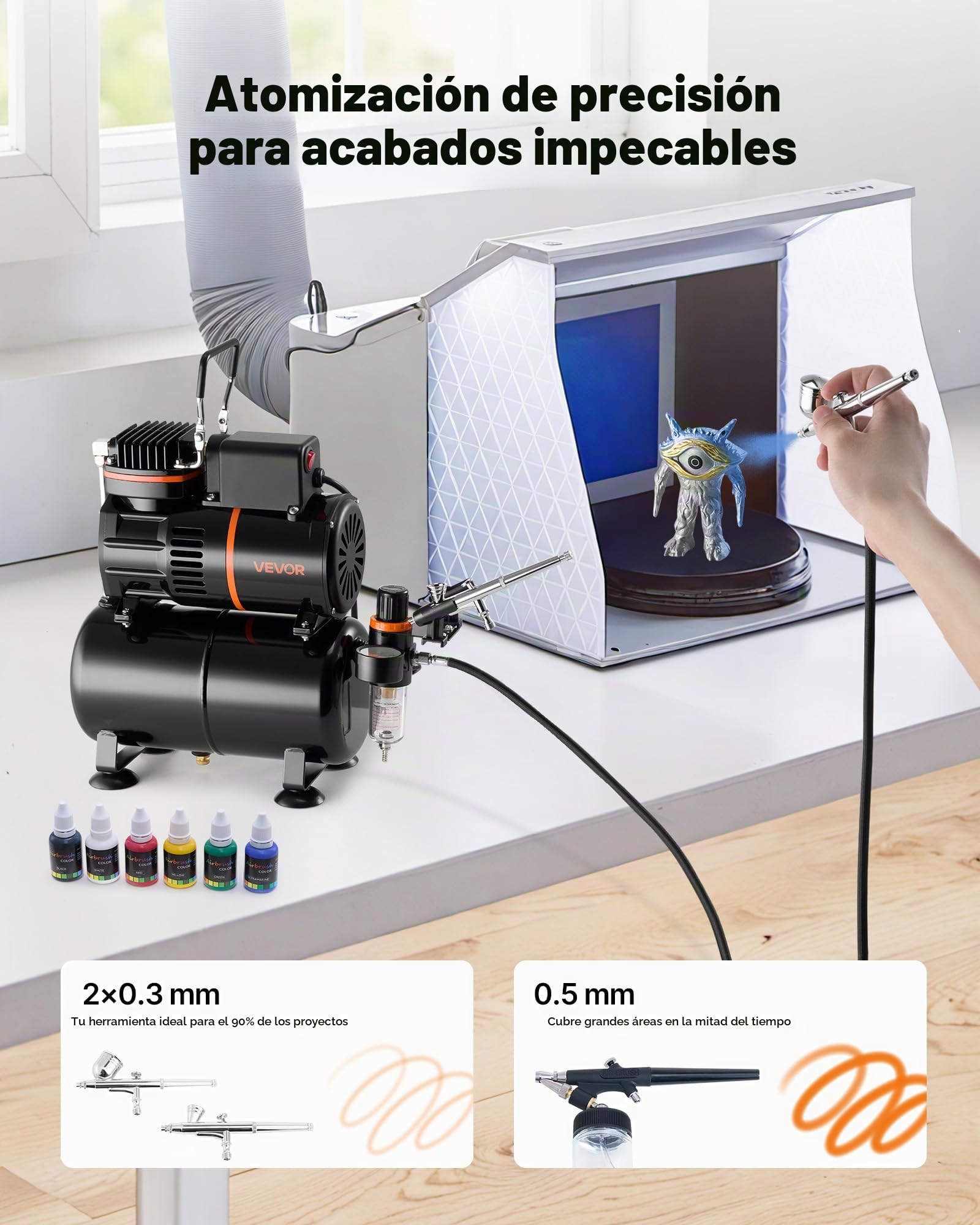 VEVOR Kit de Aerógrafo con Compresor de Aire 1/6 HP con Tanque 3 Aerógrafos de Doble Acción con 3 Boquillas, Manguera, 6 Pinturas Acrílicas, Kit de Pintura para Decoración de Tartas, Maquetas, Uñas