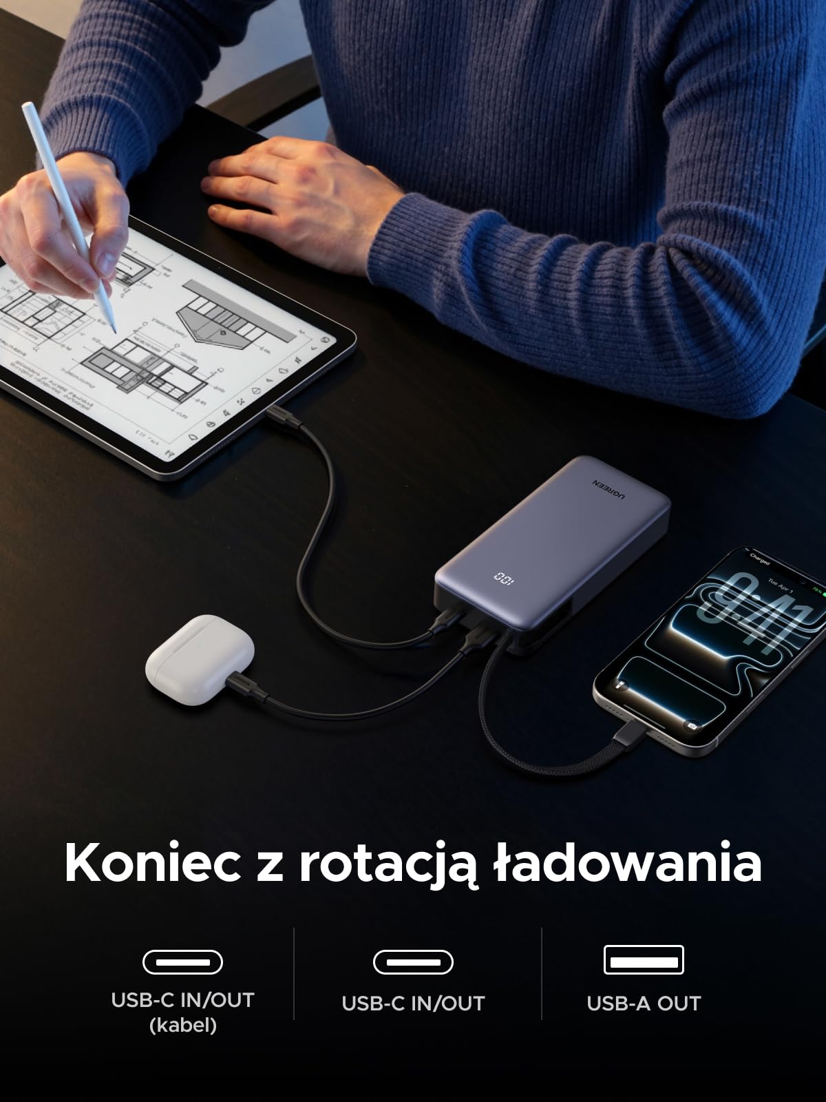 UGREEN Nexode Powerbank 20000mAh 55W z CCC-cert. | Mi Turbo Charge dla Xiaomi, szybkie ładowanie 45W PD z wbudowanym kablem, kompatybilny z iPhone i serią Galaxy