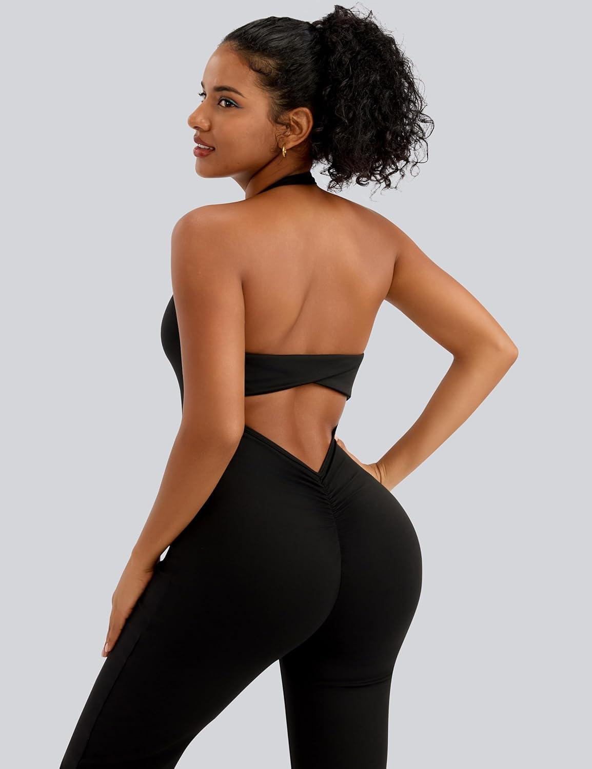 Relety Womens Flare Jumpsuits One Piece Halter Neck Twist Back Sleeveless Butt Scrunch Workout Romper Yoga Bodycon Unitard - Image 5