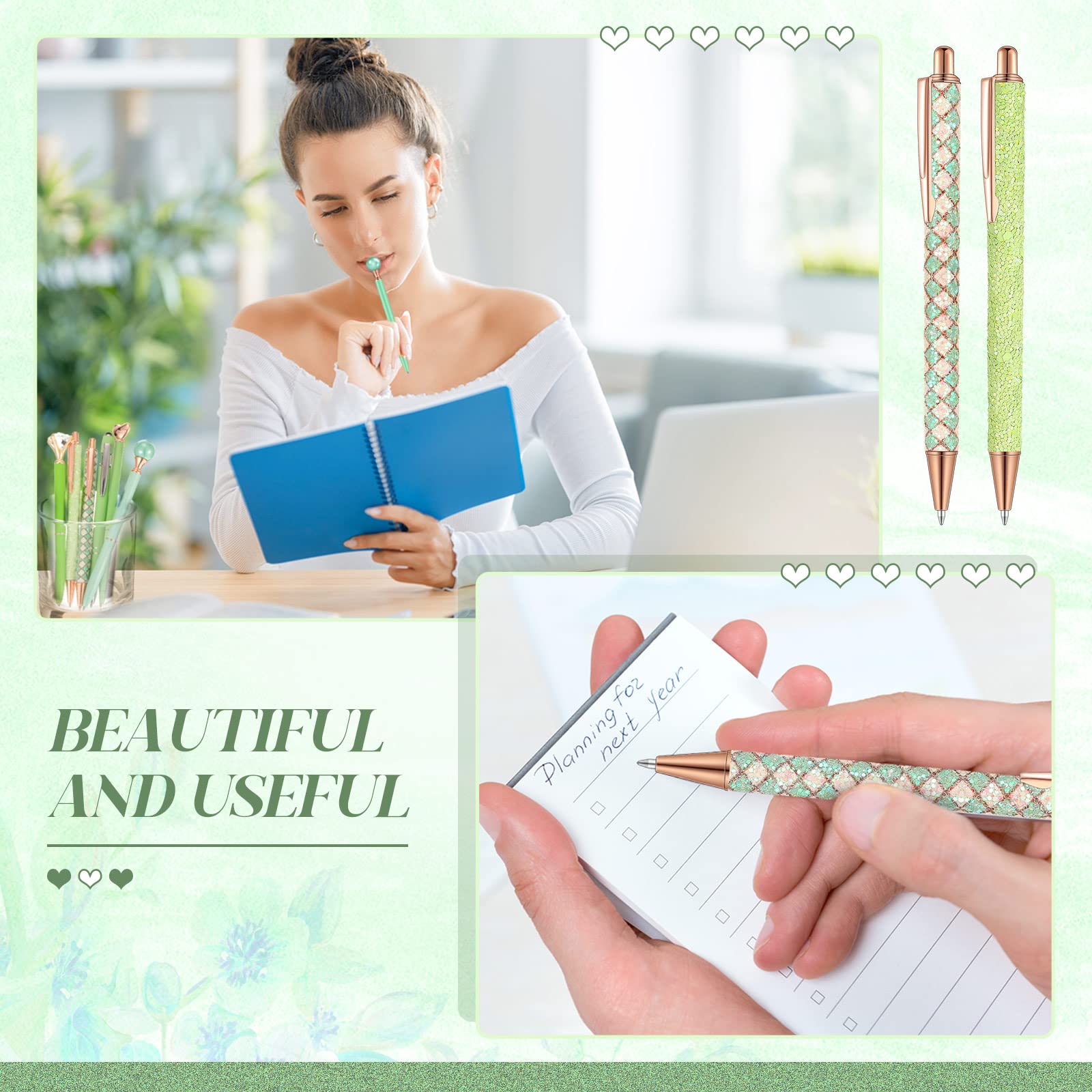 Qeeenar 6 Pcs Ballpoint Pens Set Metal Crystal Diamond Pen for Journaling Glitter Pretty Cute Stationery Black Ink Fancy Gifts for Women Girls Teacher Office Wedding School Supplies(Green Series)