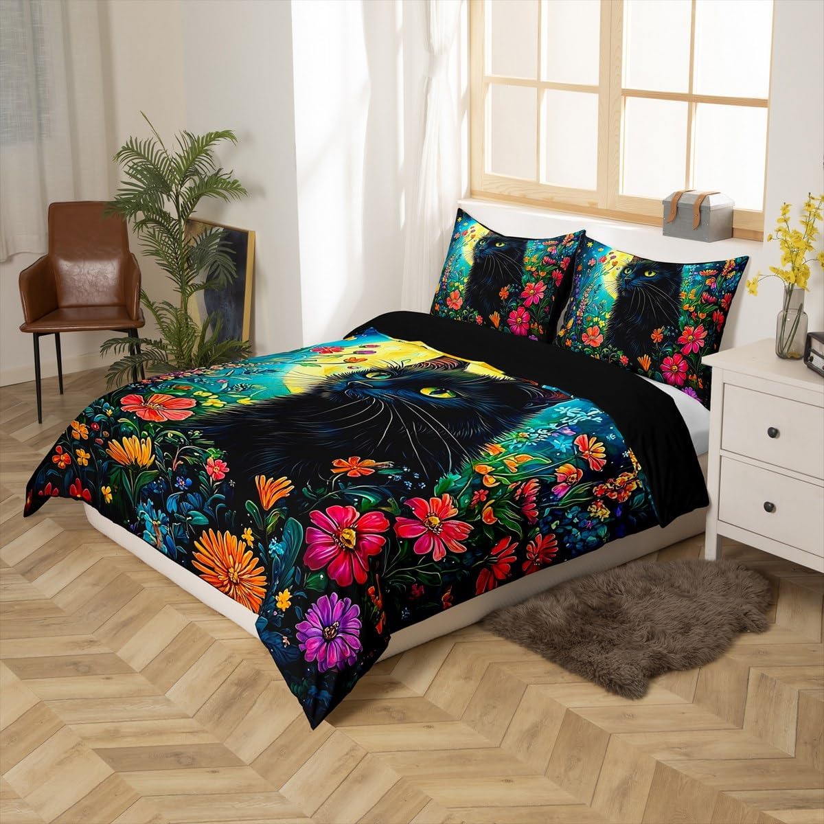 Botanical Cat Duvet Cover Toddler Size,Gothic Night Wild Cat Comforter Cover with 1 Pillowcase,Watercolor Blooming Flowers Floral Bedding Set 2pcs,Exotic Moon Sky Quilt Cover,Not Comforter