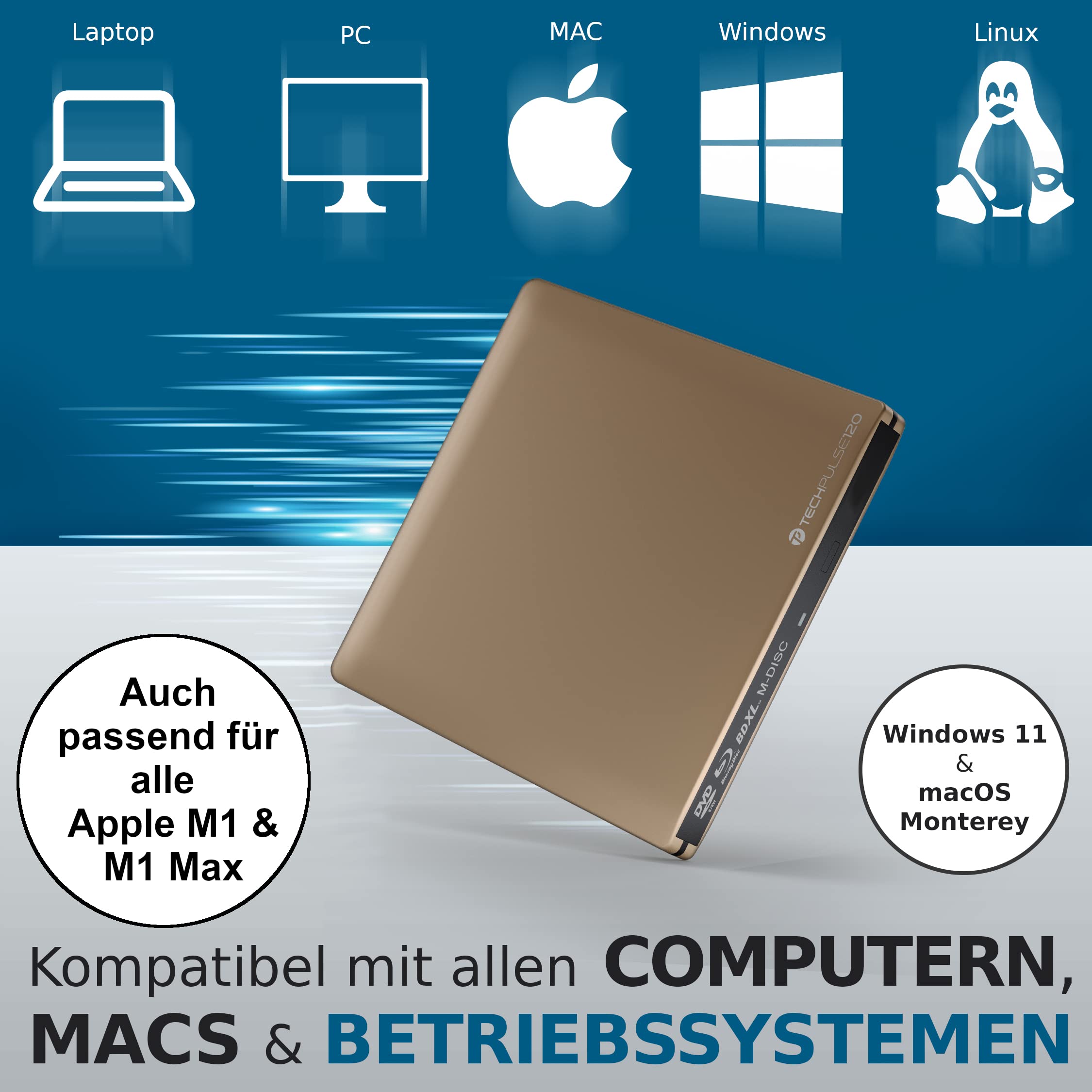 techPulse120 USB 3.0 3D Externer Blu-Ray Brenner Burner M-Disc BDXL Superdrive Blueray Rom Laufwerk BD DVD CD Slim für Computer PC Notebook Ultrabook Windows MacOS Apple iMac MacBook Pro Air Alu Gold