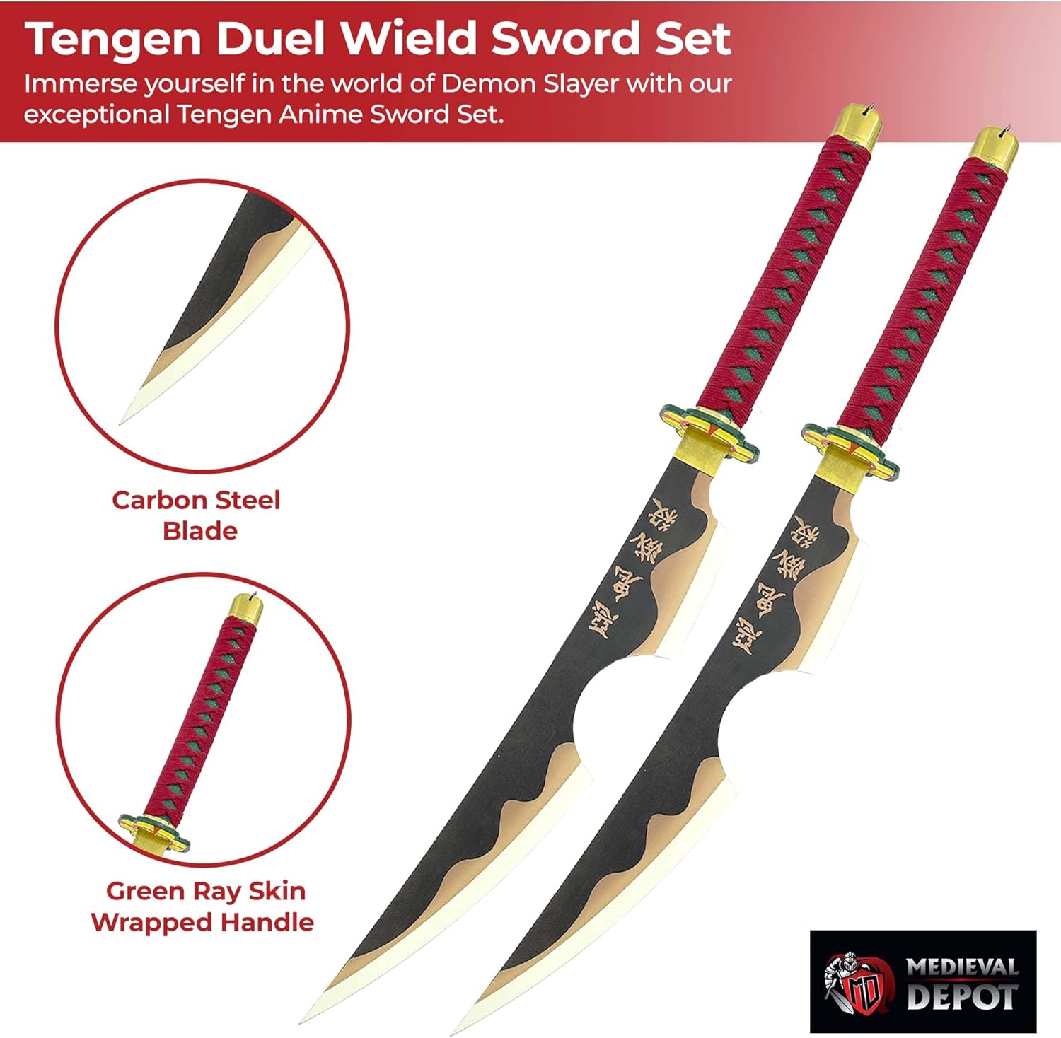 MedievalDepot Tengen Demon Slayer Anime Duel Wield Sword Set - Overall 33" - Carbon Steel Blades - 80" Chain - Cosplay & Collector