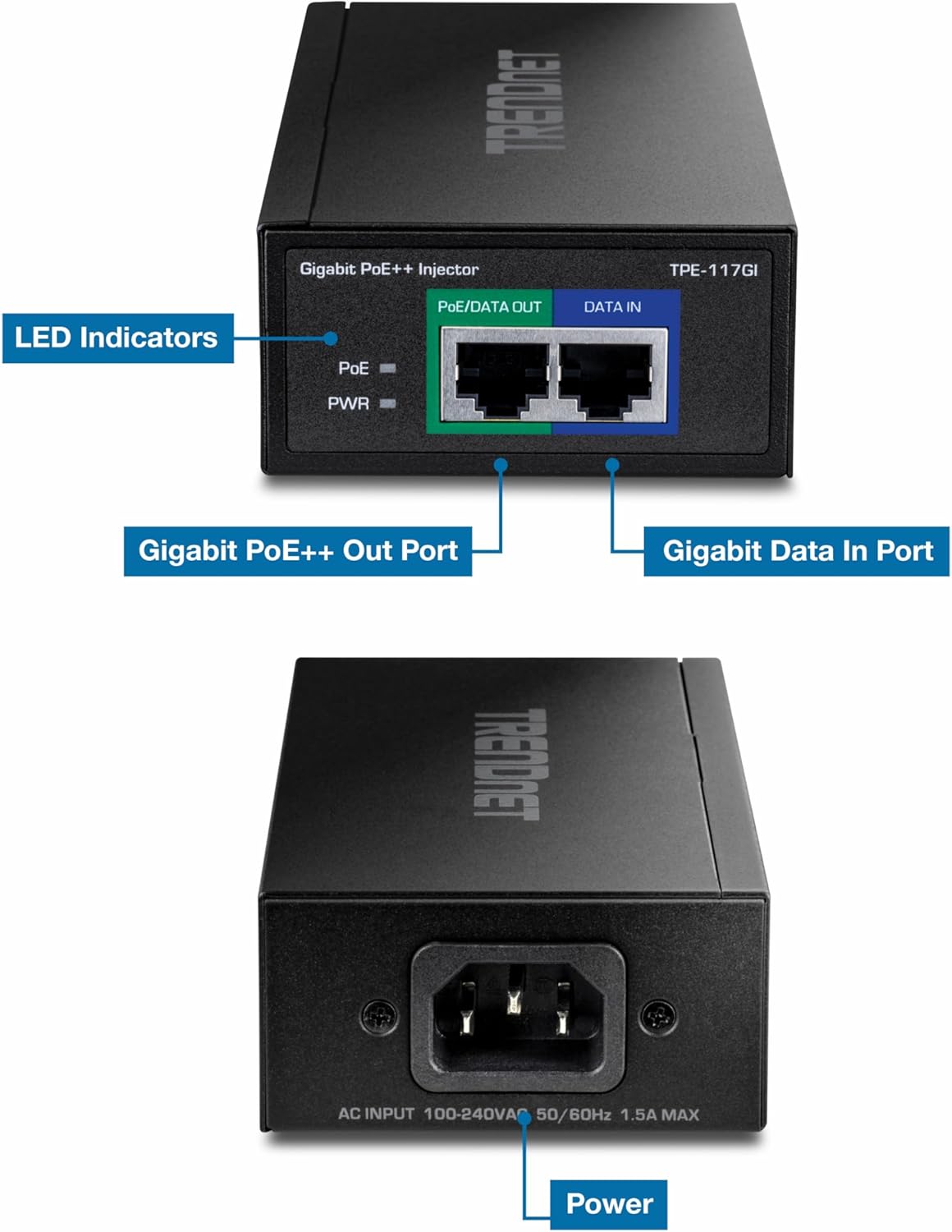 TRENDnet Gigabit PoE++ Injector, Supplies PoE (15.4W), PoE+ (30W), or PoE++ (60W), Network A PoE Device Up to 100m(328 ft), Supports IEEE 802.3af,802.at, Plug & Play, Black, TPE-117GI