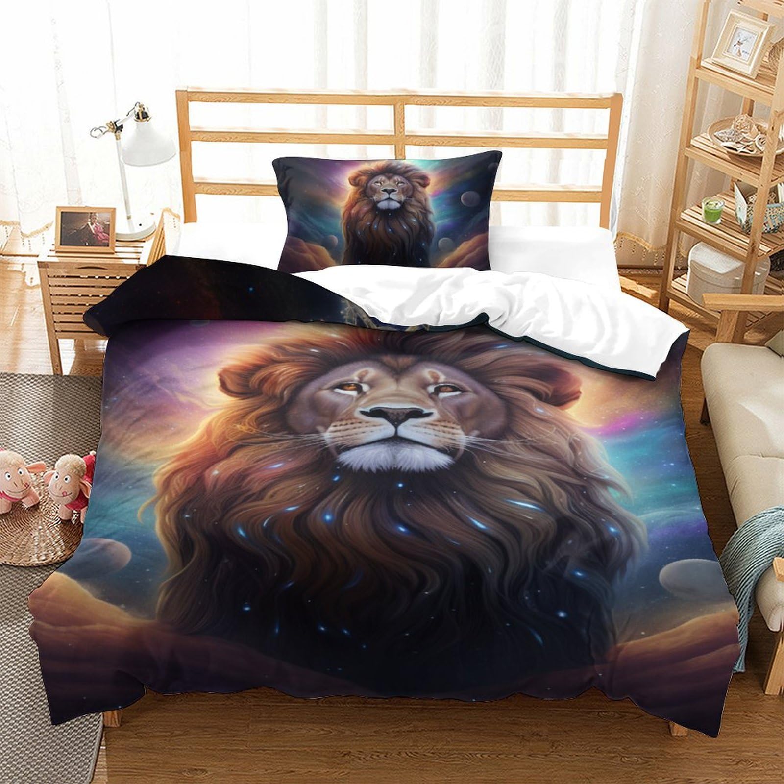 Parure de lit 3 pièces lion 3D avec housse de couette 135 x 200 cm et taies zippées