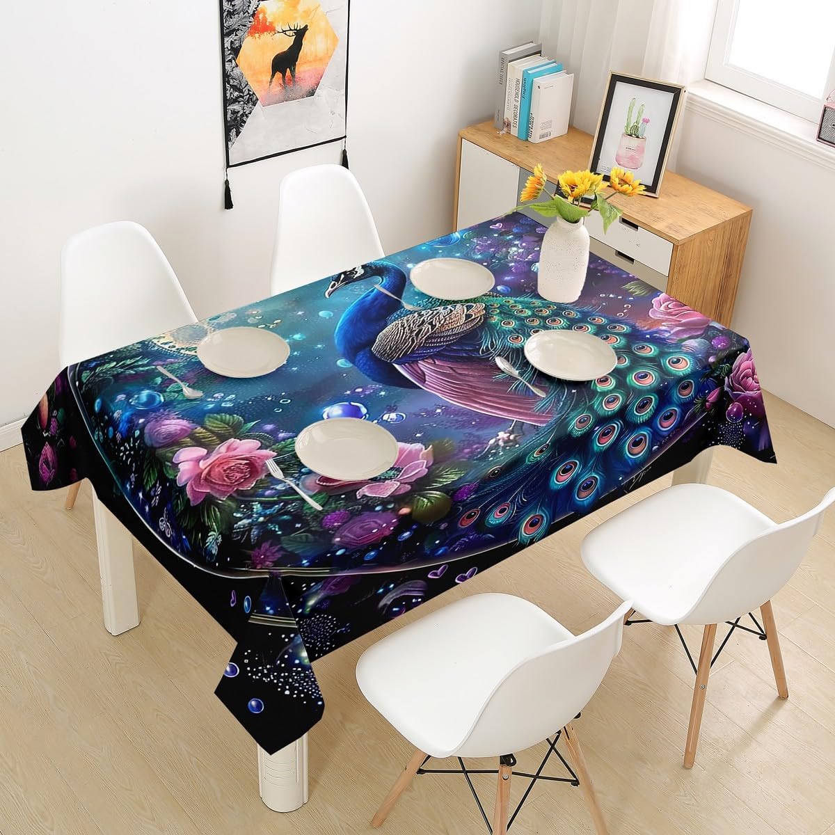 Peacock Print Tablecloth Home Decor Flowers Garden Table Cloth Indoor Outdoor Tablecloth for Spring/Summer/Party/Picnic(55 Round)