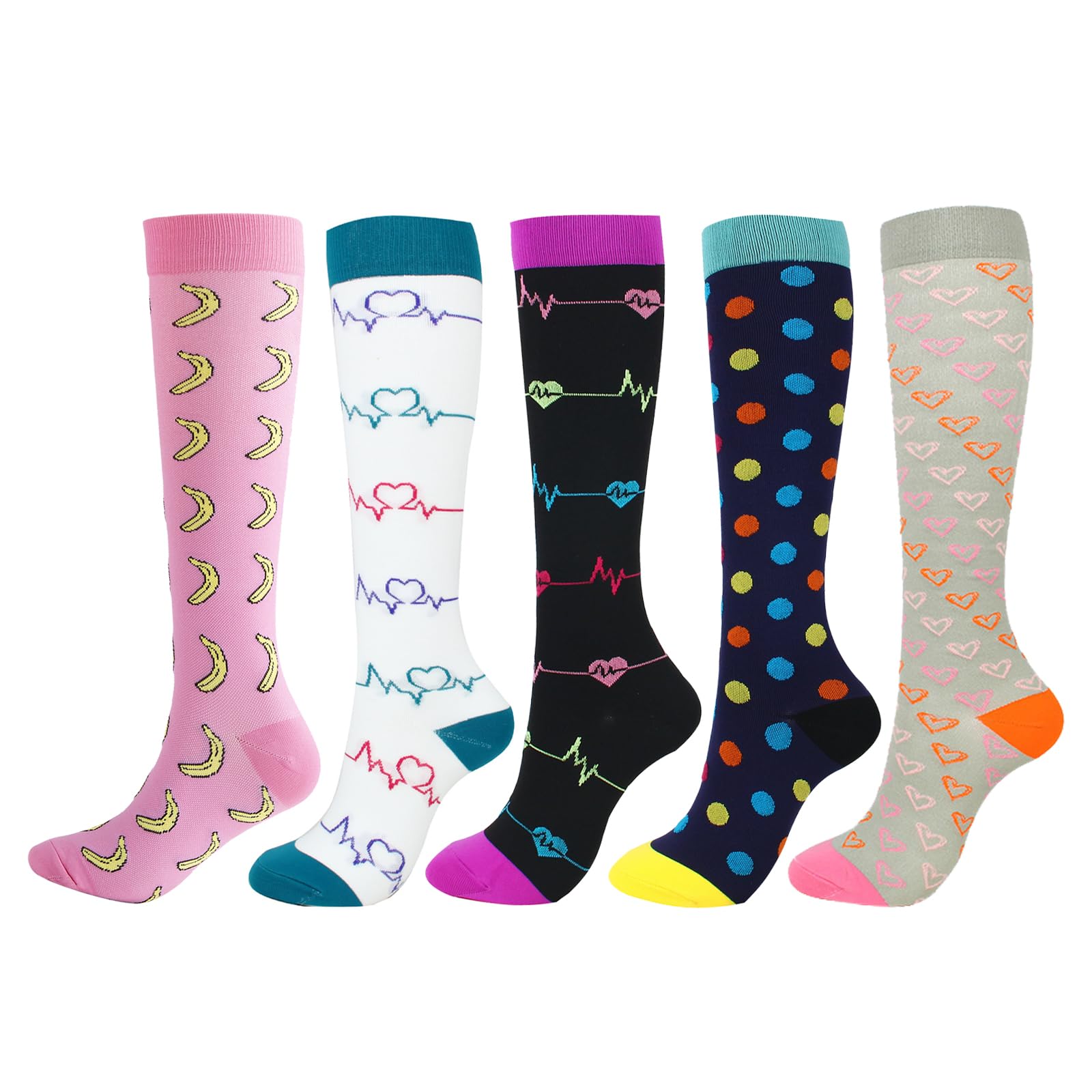 Lot de 5 paires de chaussettes de compression pour homme et femme - Chaussettes de contention sportives colorées - Chaussettes de compression - Respirantes - Pour la course, le cyclisme et les voyages